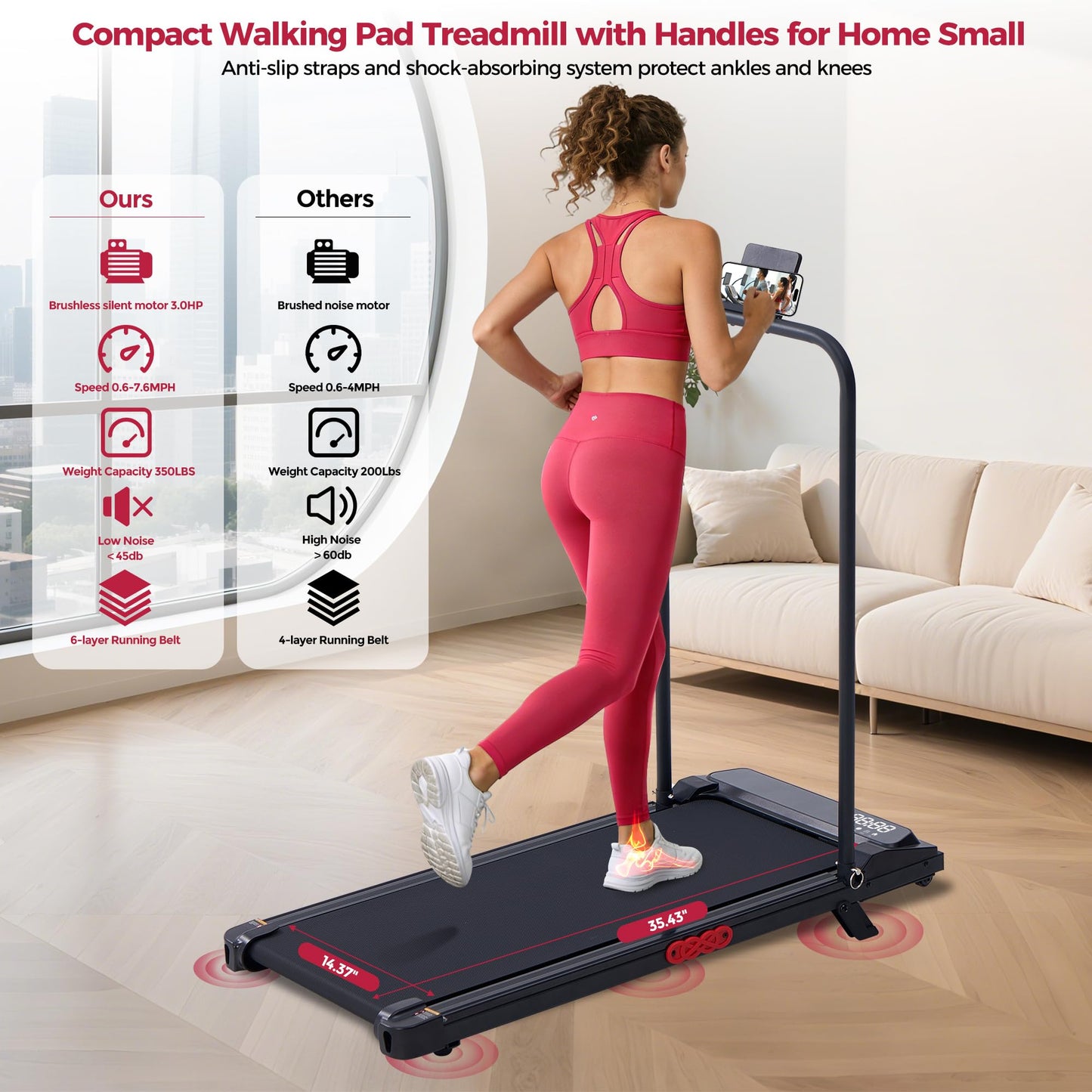 POTUPUS Walking Pad with Handle Bar and Incline, 3.0HP Under Desk Treadmill for Home Small Space, 0.6-7.6MPH Portable Walking Pad Treadmill with Handles, 350LBS, 2026 Upgrade