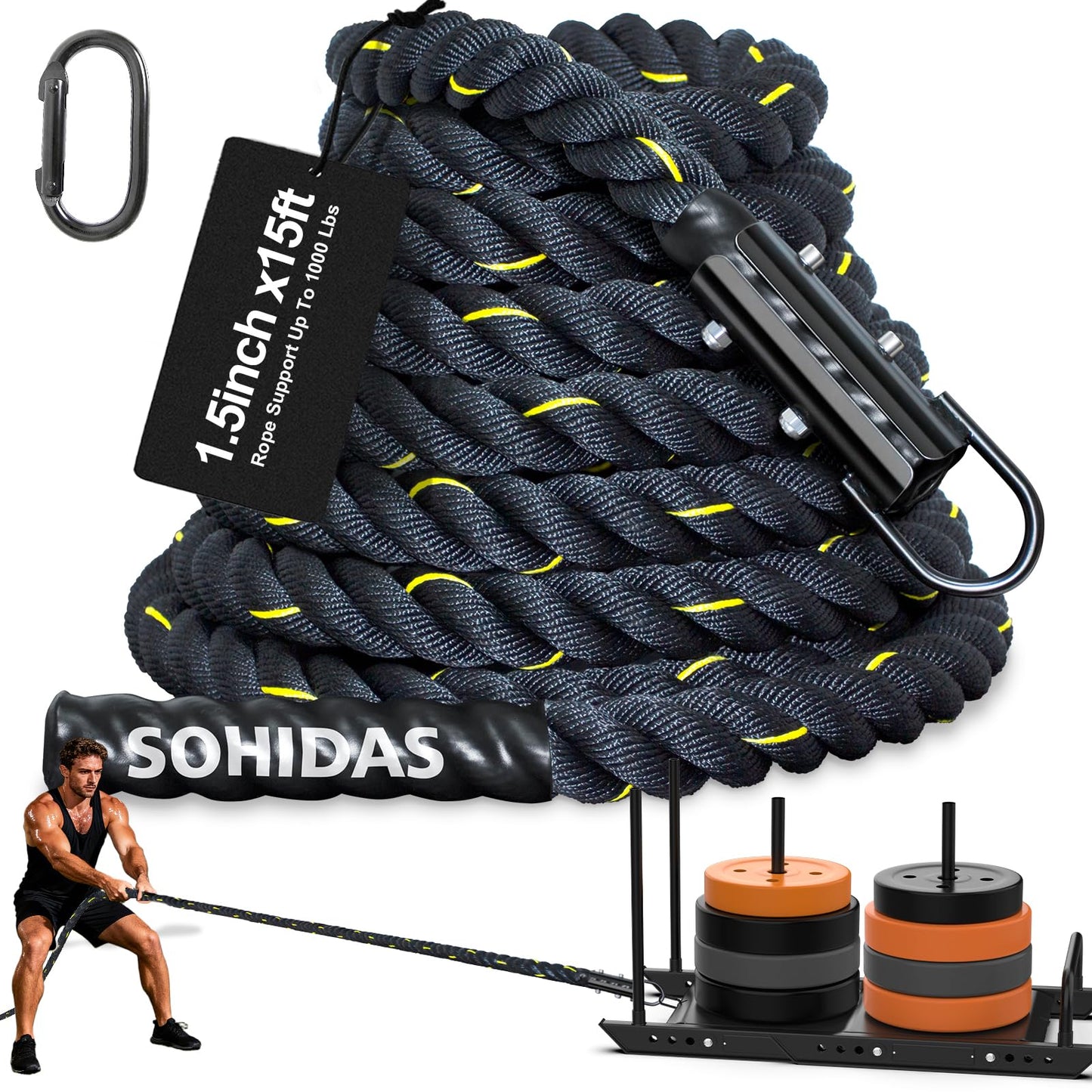 SOHIDAS 15FT Weight Sled Rope Workout Sled Pulling Ropes, Sled Push Gym Equipment Weight Sled Pull Rope for Training Tire Pulling Workout Fitness Resistance Football Exercise Equipment for Men Women