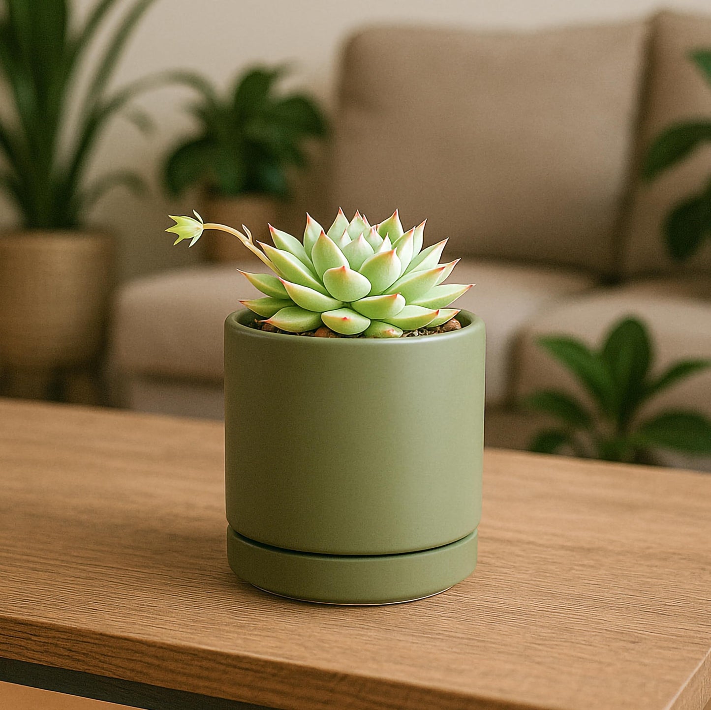 D'vine Dev Set of 4 Small Ceramic Plant Pots, 3.5 Inch Succulent Planter Pot for Plants with Drainage Hole and Saucer, Olive, 94-X-A-0