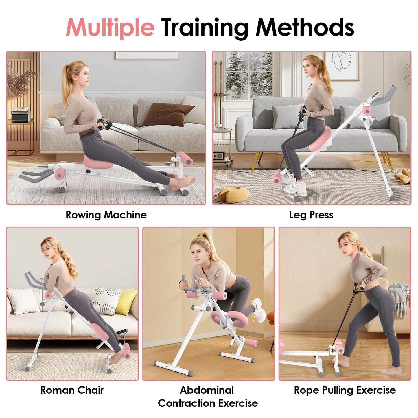 Multi Functional Adjustable Ab Trainer, Ab Machine for Stomach Workout, 5-in-1 Exercise Equipment: Rowing Machine, Leg Press Machine, Ab Glider Machine,Roman Chair,Resistance Bands with Handles