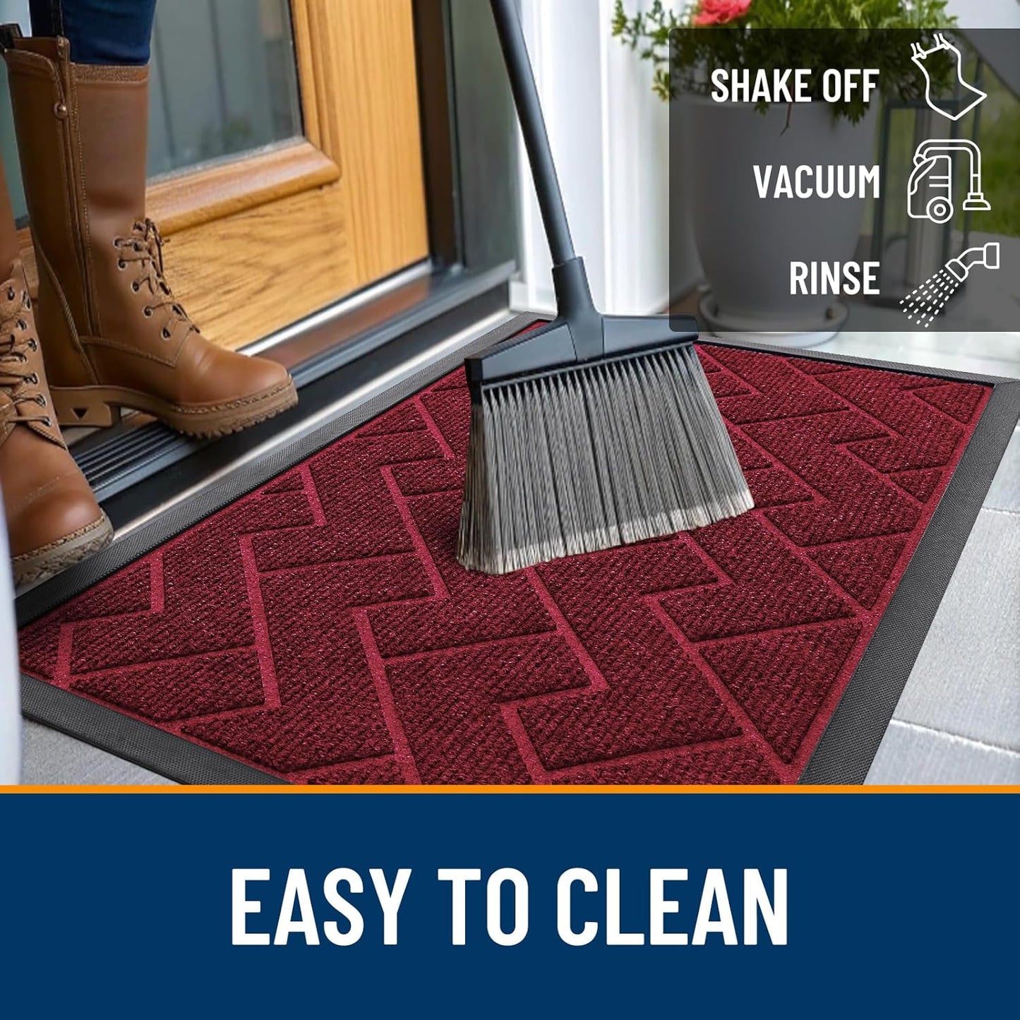 OLANLY Waterproof Front Door Mat - All-Season Herringbone Design | Easy Clean, Low Profile, Wine Red (59x35)