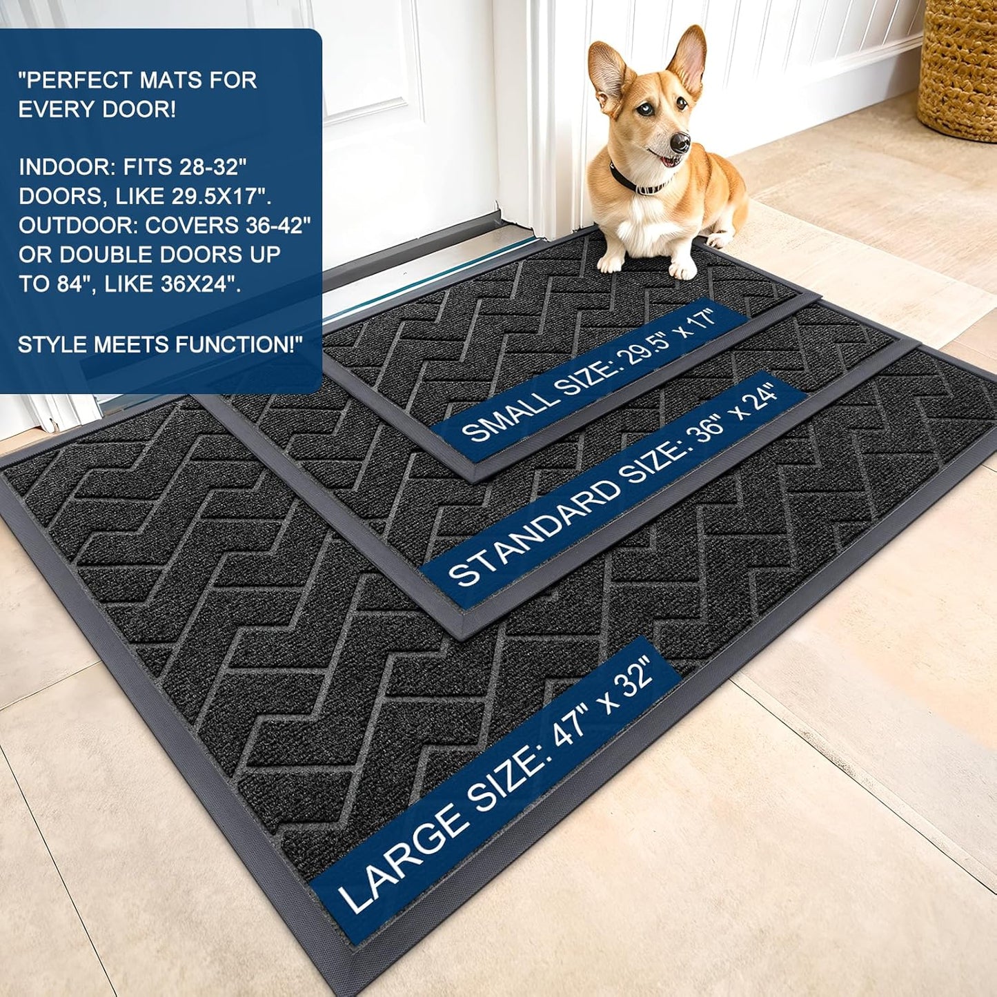 OLANLY Indoor Outdoor Front Door Mat - Waterproof All-Season Herringbone Doormat | Easy Clean, Black (59x35)