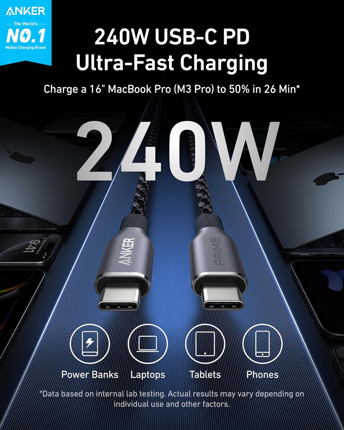 240W 100-Year 17 S24(1 Anker Prime USB C to USB C Cable, Fast Charging Cord, Upcycled-Braided Nylon with Bend