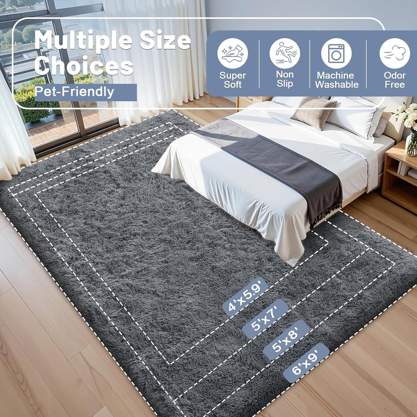 OLANLY 5x5 Area Rug - Soft, Fluffy Shaggy Design for Living Room & Bedroom | Machine Washable Grey Carpet