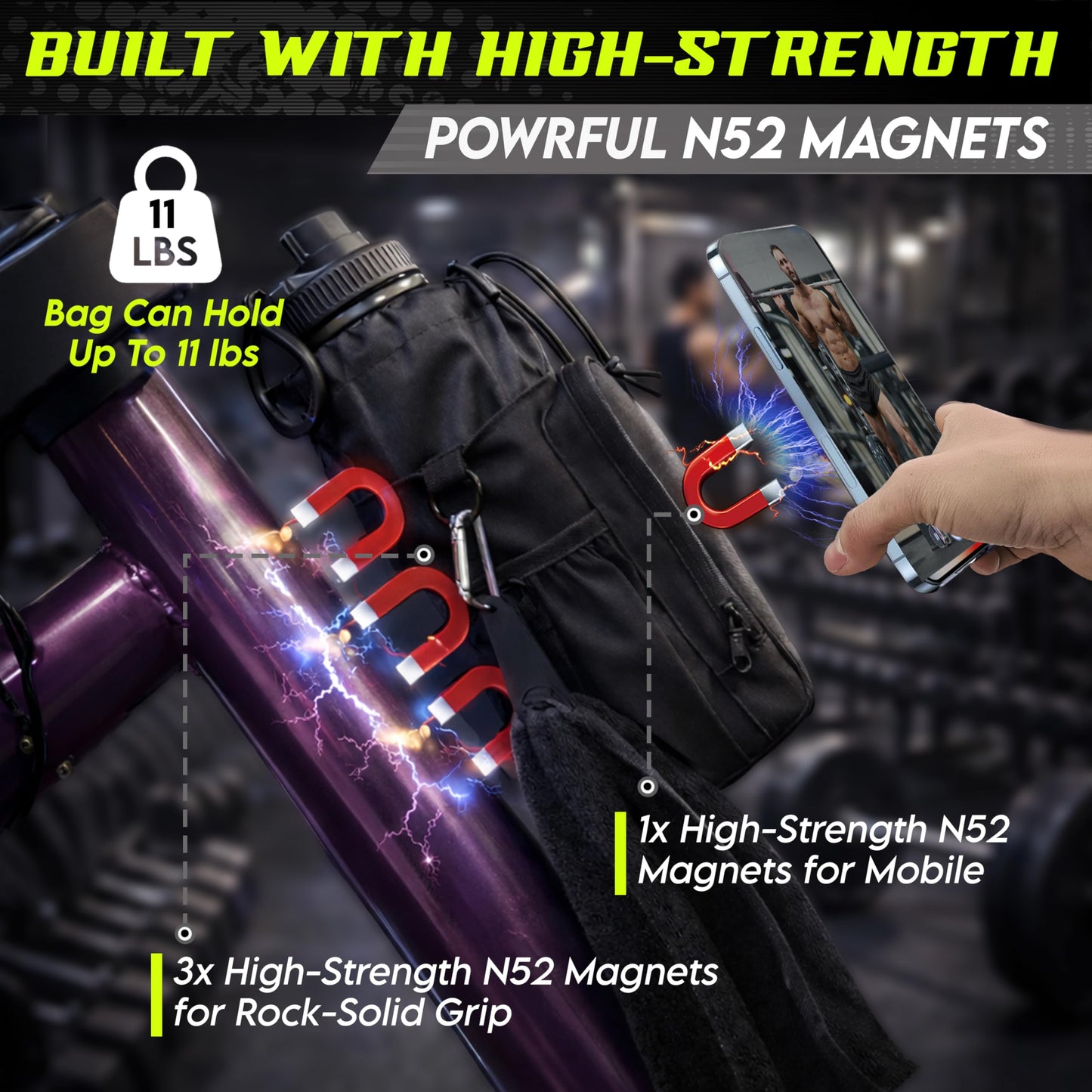 Magnetic Gym Bag & Magnetic Water Bottle Holder Set - 40oz Insulated Stainless Steel Bottle, Microfiber Towel, Cross Body Strap & Phone Holder Magnet - Gym Bag Essentials for Fitness, Work & Travel