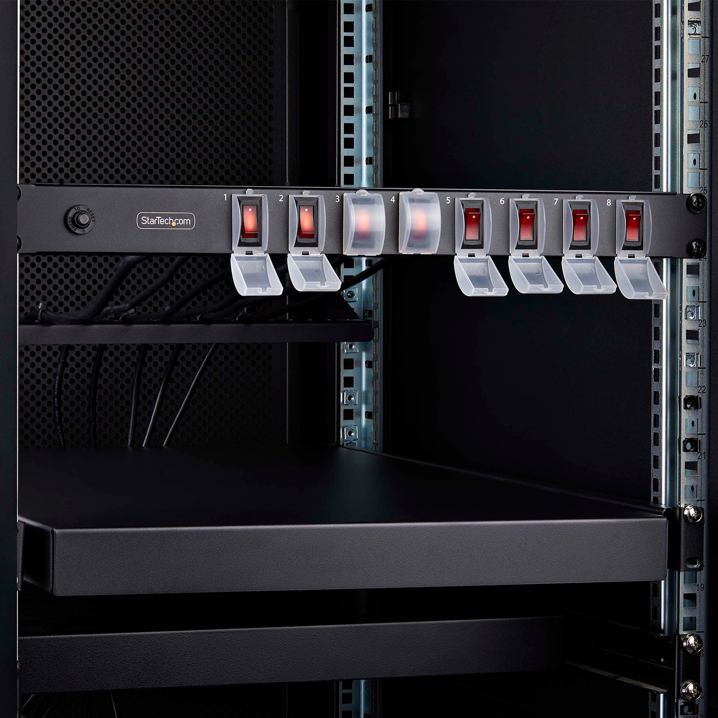 StarTech.com 8-Outlet Horizontal Rack Mount PDU, 1U Power Strip, Outlet On/Off Switches, 15A Breaker, 8ft/2.4m Cord NEMA 5-15, TAA