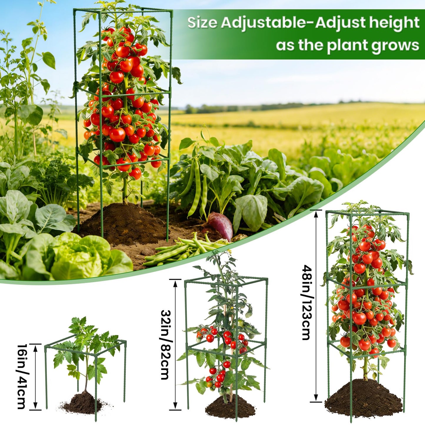 4 Pack Tomato Cages, 48'' Tall Tomato Plant Stakes Support for Raised Garden Bed Tomato, Square Trellis Cages for Garden Climbing Vegetables Flowers Fruits
