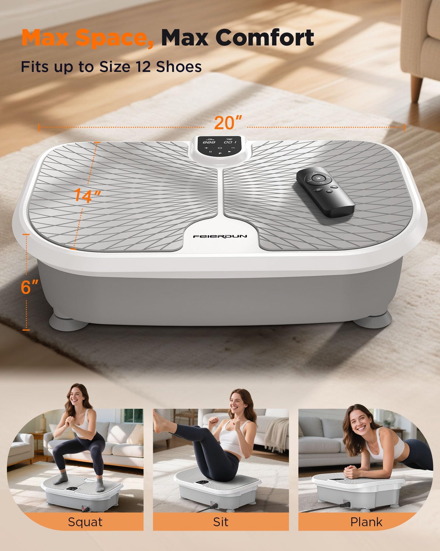 FEIERDUN Vibration Plate Exercise Machine, 400 LBS Capacity Vibration Plate for Lymphatic Drainage, Max Space for Whole-Body Workout & Relaxation at Home-Grey