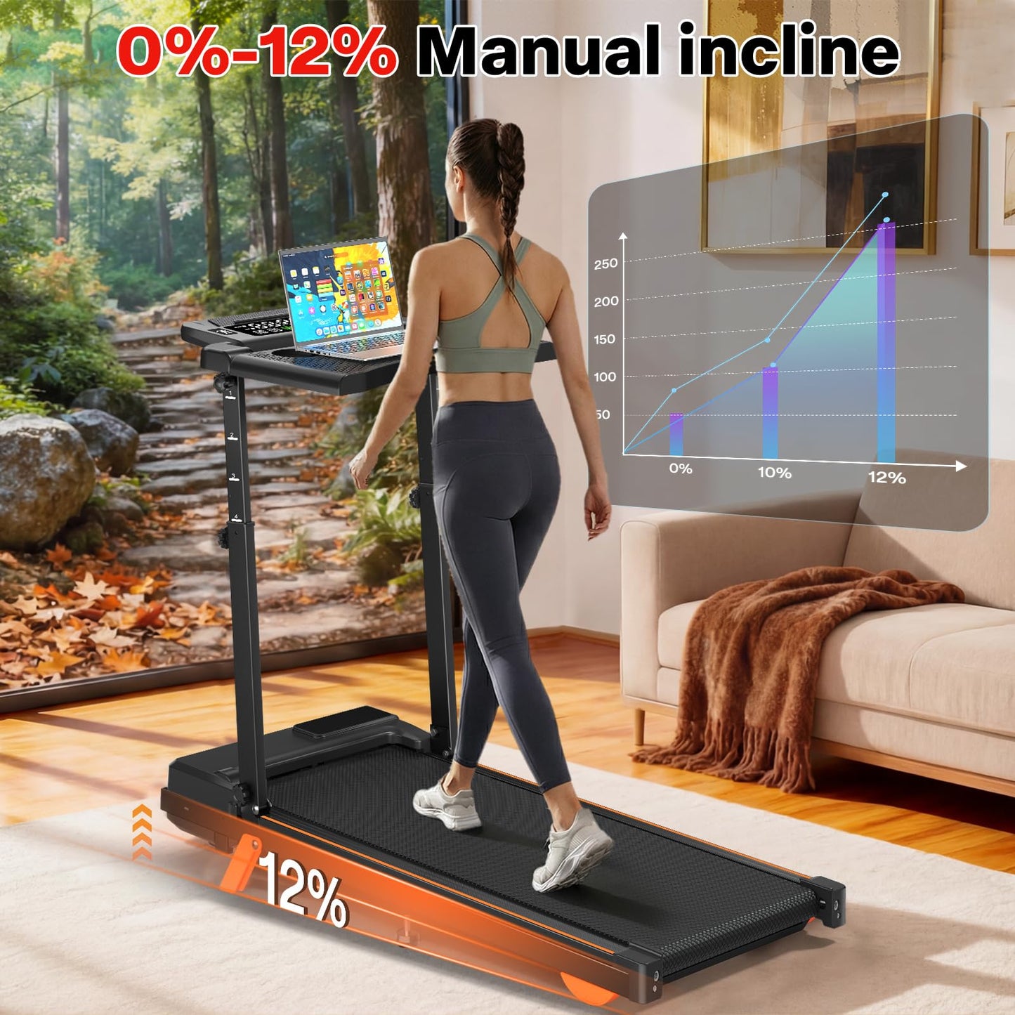 Walking Pad Treadmill with Desk Workstation, 12% Incline Treadmills for Home Office, 350lbs Capacity, 3.5H(XL)