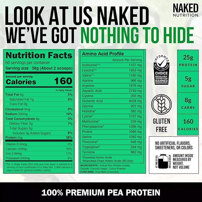 NAKED nutrition Chocolate Naked Pea Protein Isolate - 5Lb Bulk, Plant Based, Vegetarian & Vegan Protein. Easy To Digest, Non-Gmo, Gluten Free, Lactose Free, Soy Free