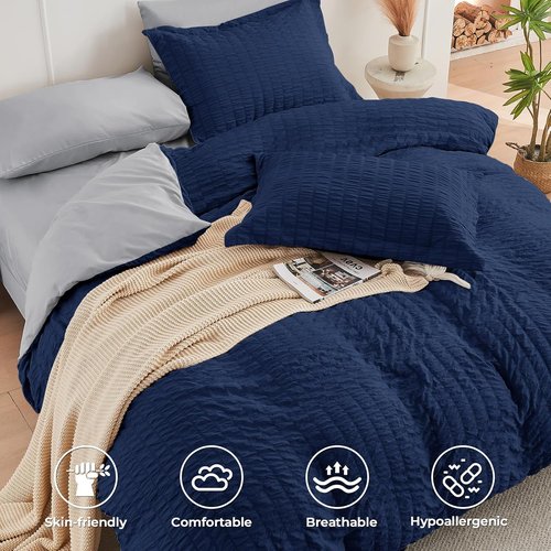 HYMOKEGE Twin Comforter Set - Navy Blue & Light Grey Seersucker | 5-Piece All-Season Luxury Bedding Set