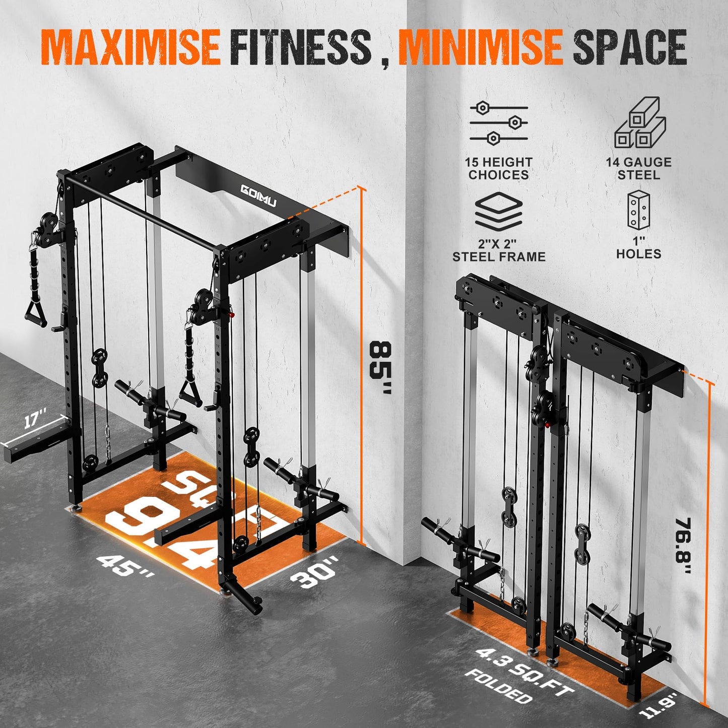 Goimu WM3-V4 Folding Squat Rack, Wall Mounted Power Rack with Dual Independent Pulley System, Functional Trainer with 5 Adjustable Function Modes for Space Saving (WM3 Bundle Black)
