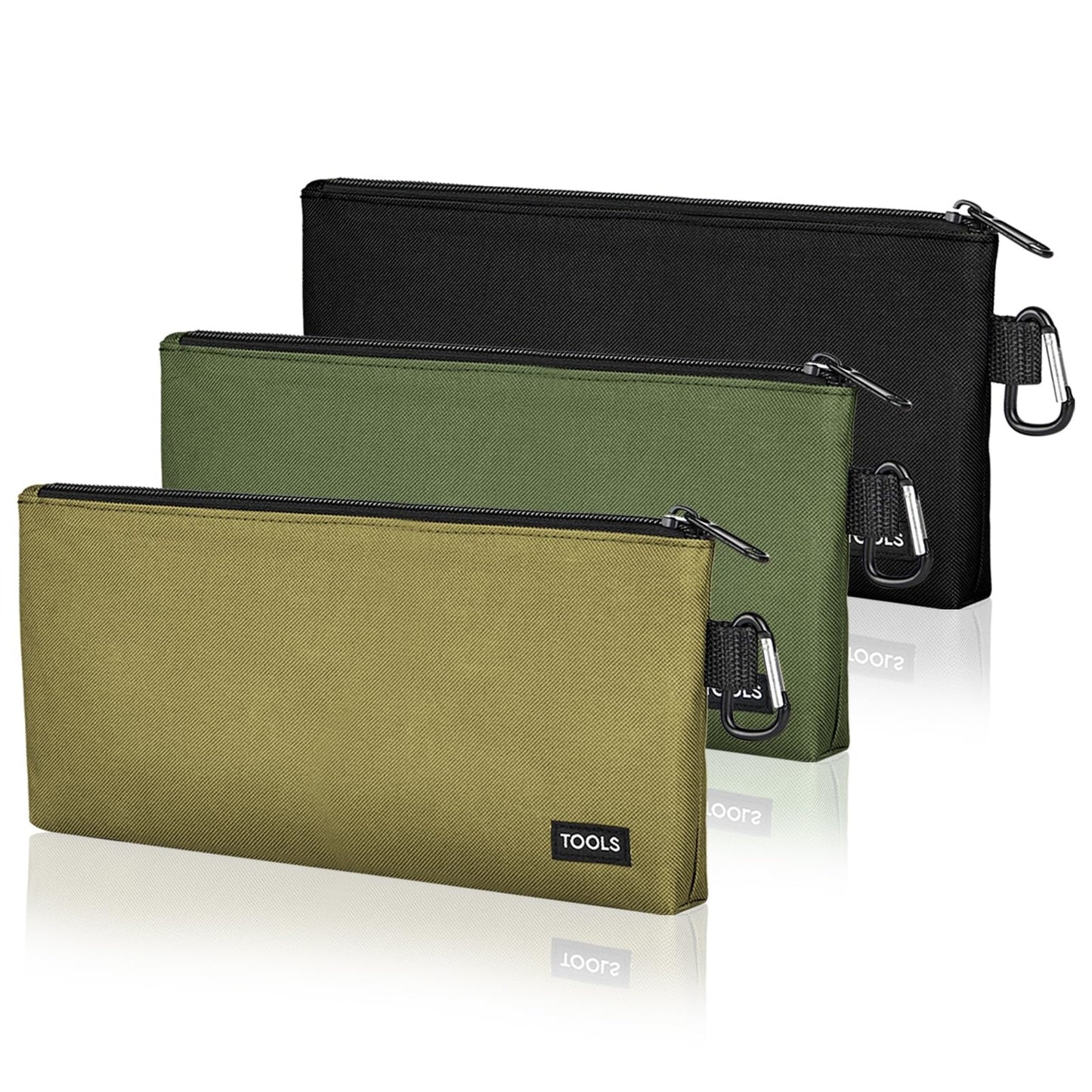 3 Pack Premium Tool Pouches Zipper Bag, 12 in Small Tools Bags with Carabiner, Heavy Duty Flat Bottom Utility Multipurpose Storage Organizer Bag for Tool, Stationary, Pencil (Tan, Navy Green, Black)