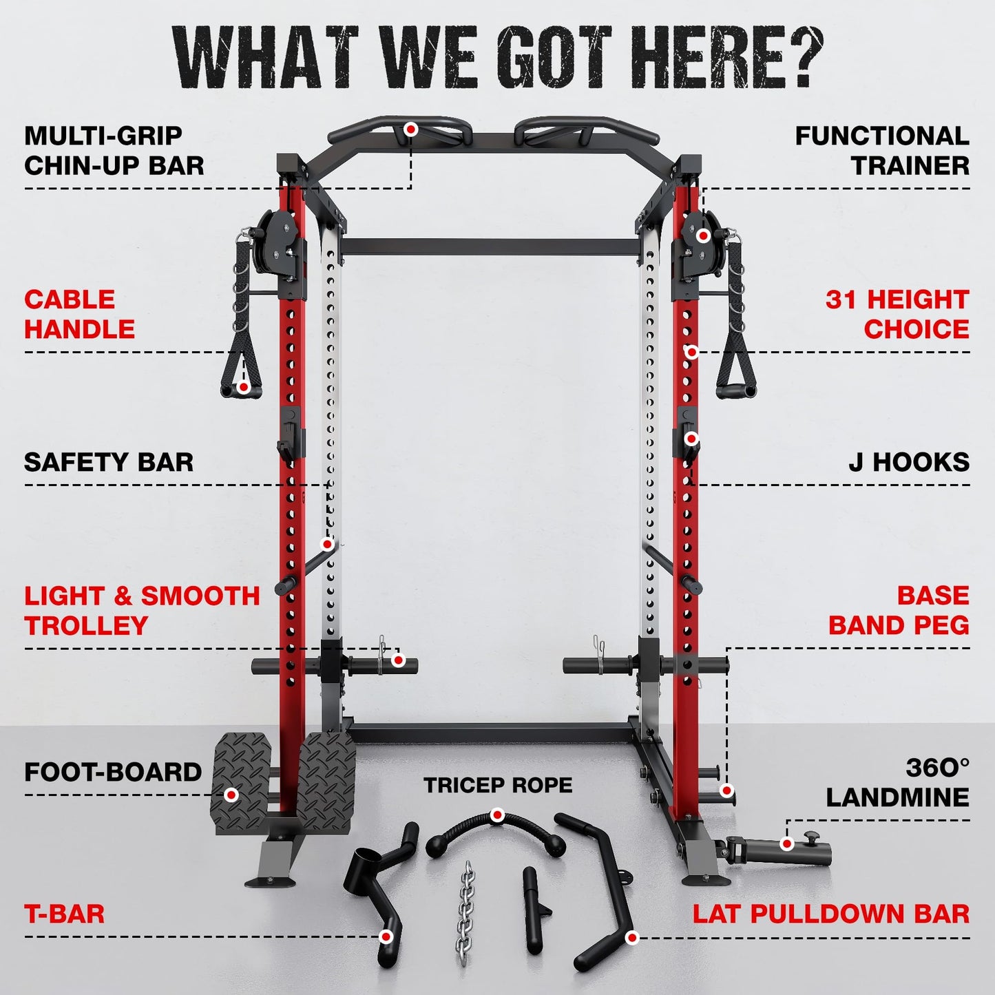 GOIMU DP01 Power Cage, 2000LBS Squat Rack with Cable Crossover and Dual Independent Pulley System, Full Cage for Full Body Training, Power Rack with More Training Attachments for Home Gym (Red)