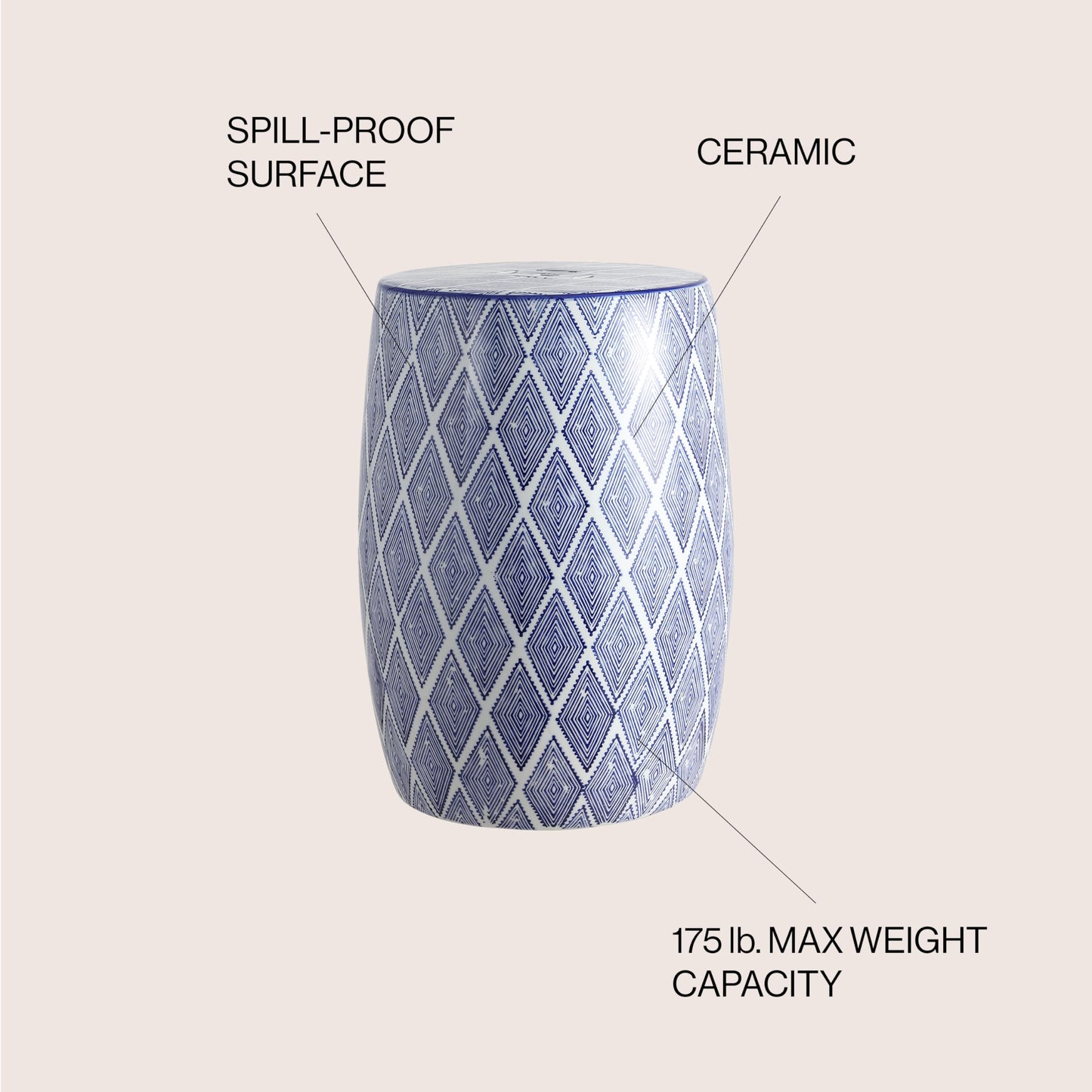 JONATHAN Y TBL1019A Moroccan Diamonds 18" Ceramic Drum Indoor/Outdoor Garden Stool, Coastal, Contemporary, Side Table, Plant Stand, Spill-Proof, Living Room, Garden Room, Patio, Blue/White