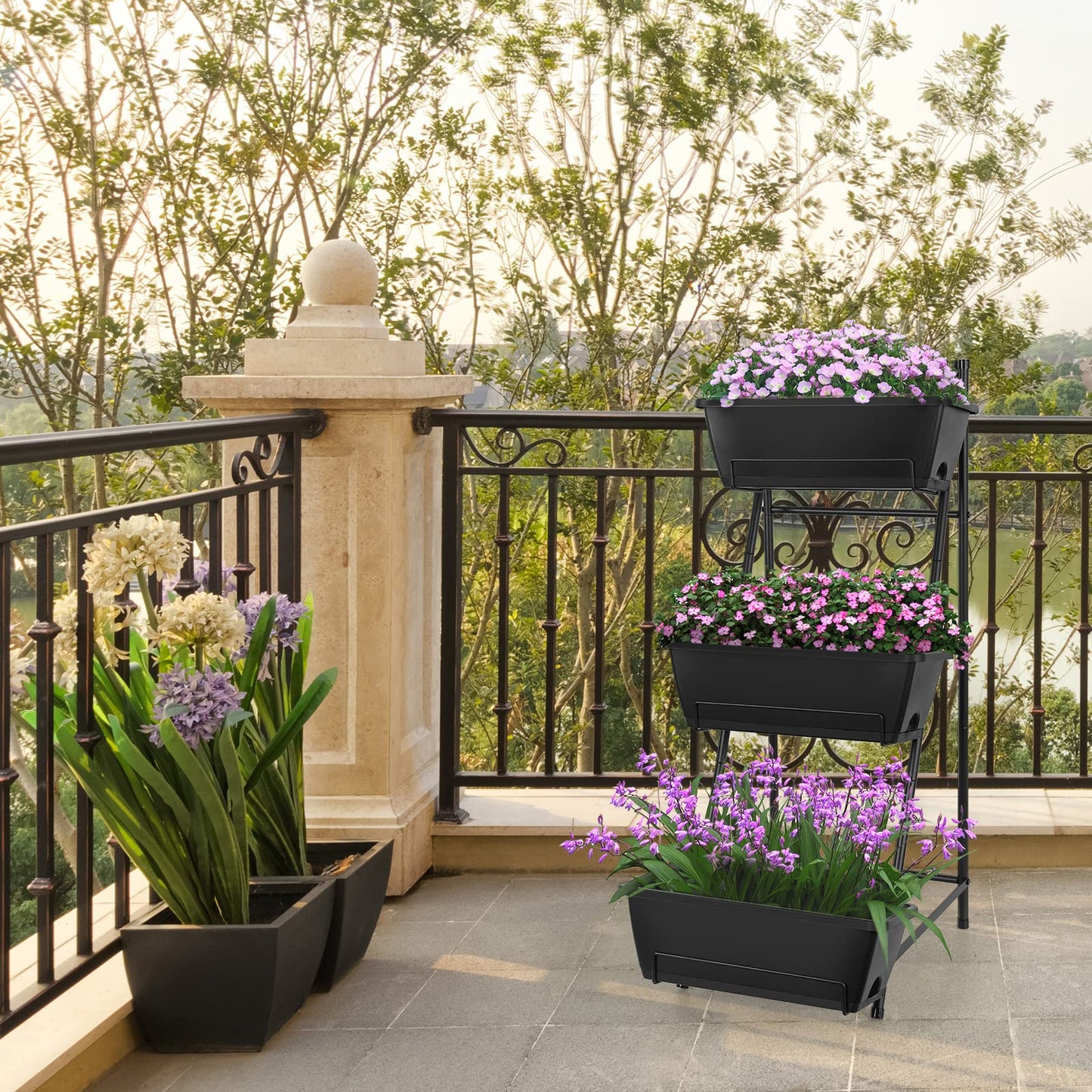 Vertical Raised Garden Bed 3 Tier Elevated Garden Planters Stand Up Garden Planter Box with Drainage Holes for Outdoor Indoor Plants Herbs Flowers Vegetables Black