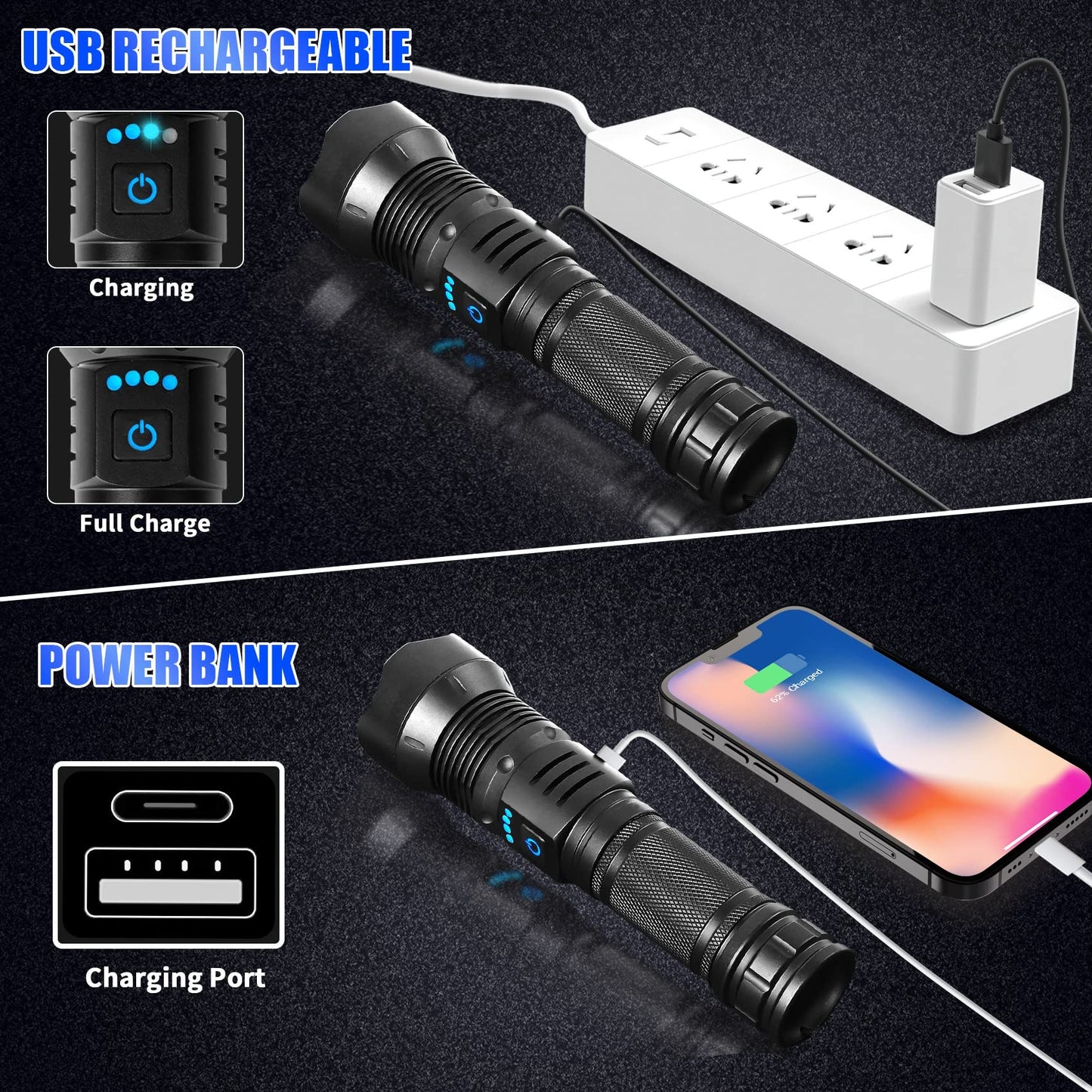 Foleto Rechargeable LED Flashlights High Lumens,Super Bright Flashlight, Powerful Tactical Handheld Flash Light, 5 Modes Zoomable Waterproof Flash Lights for Camping, Emergency