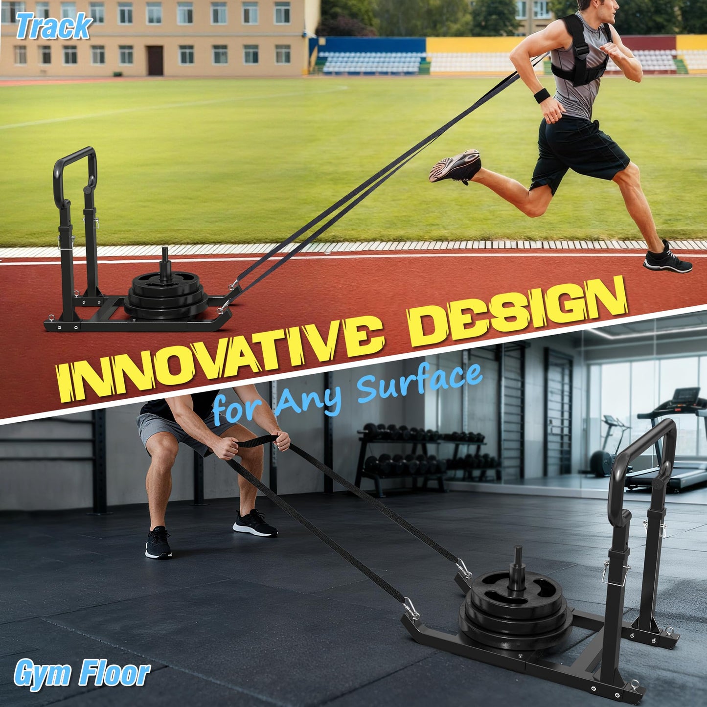 GanFindX Adjustable Height Weight Sled, Heavy-Duty Push Pull Training Sled, Adjustable 5-Level Handle for Speed and Strength Improvement, Suitable for 1" & 2" Weight Plates