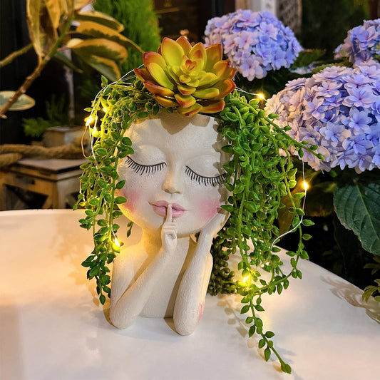 Solar Face Flower Pot,Head Planter Pot,with Led String Lights Succulent Planter Light,Warterproof Resin Cactus Planters,Cute Closed Eyes Lady Face Planter,for Indoor Outdoor Plant Garden Decor (Large)