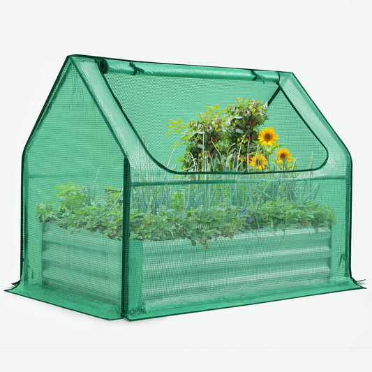 Quictent Raised Garden Bed with Cover Outdoor Galvanized Steel Planter Box Kit with Greenhouse Large Zipper Window Dual Use, 20pcs T-Type Tags & 1 Pair of Gloves Included 4x2.5x1 FT, Green