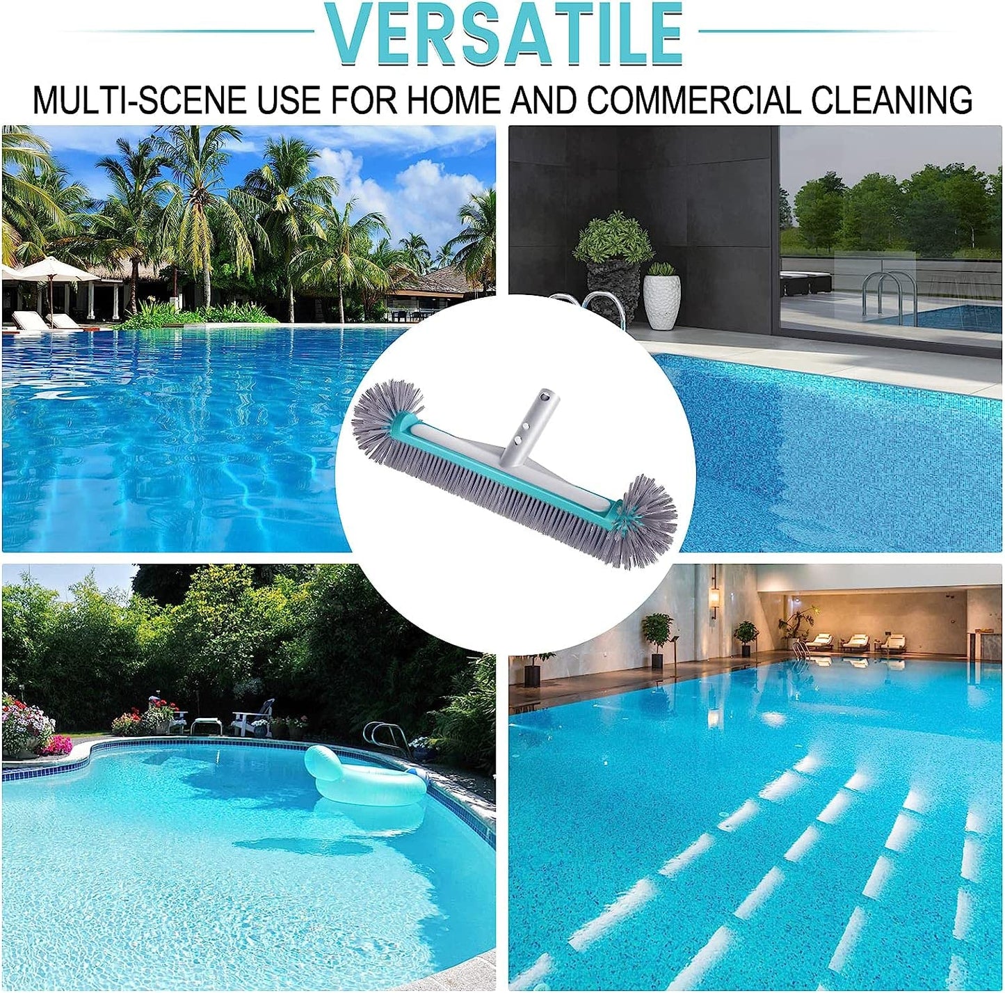 Swimming Pool Brush Head with Round Ends，17.5" Heavy Duty Aluminum Back Head for Cleans Walls, Tiles & Floors, 7 Rows Premium Nylon Bristles with EZ Clips (Blue Grey)