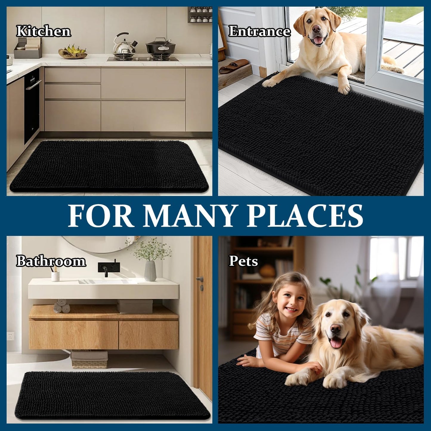 OLANLY Dog Door Mat - Absorbent Non-Slip Chenille Mat for Muddy Paws | 70x32 Inches, Quick Dry, Black