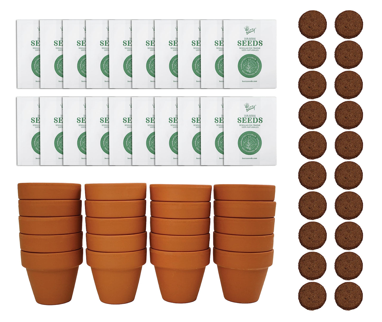 BUZZY Seeds Terracotta Mini Grow Pots – Herb Flower Plant Starter Kit Assorted 20-Pack with Lavender Seeds, Indoor Grow Your Own Gardening Gift for DIY Projects and Party Favors