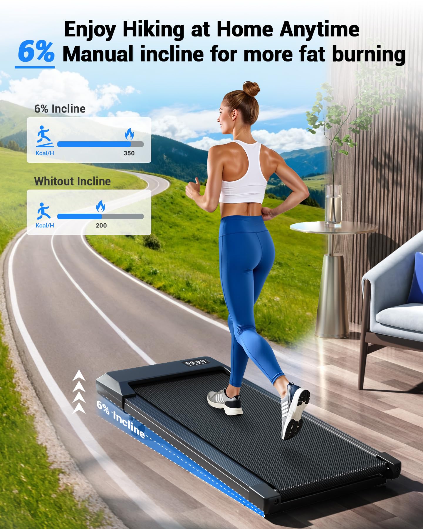 DeerRun Walking Pad Under Desk Treadmill with Incline, Quiet & Space-Saving Design for Home Office, 300 lbs Capacity, 0.6-3.8 MPH, App & Remote Control