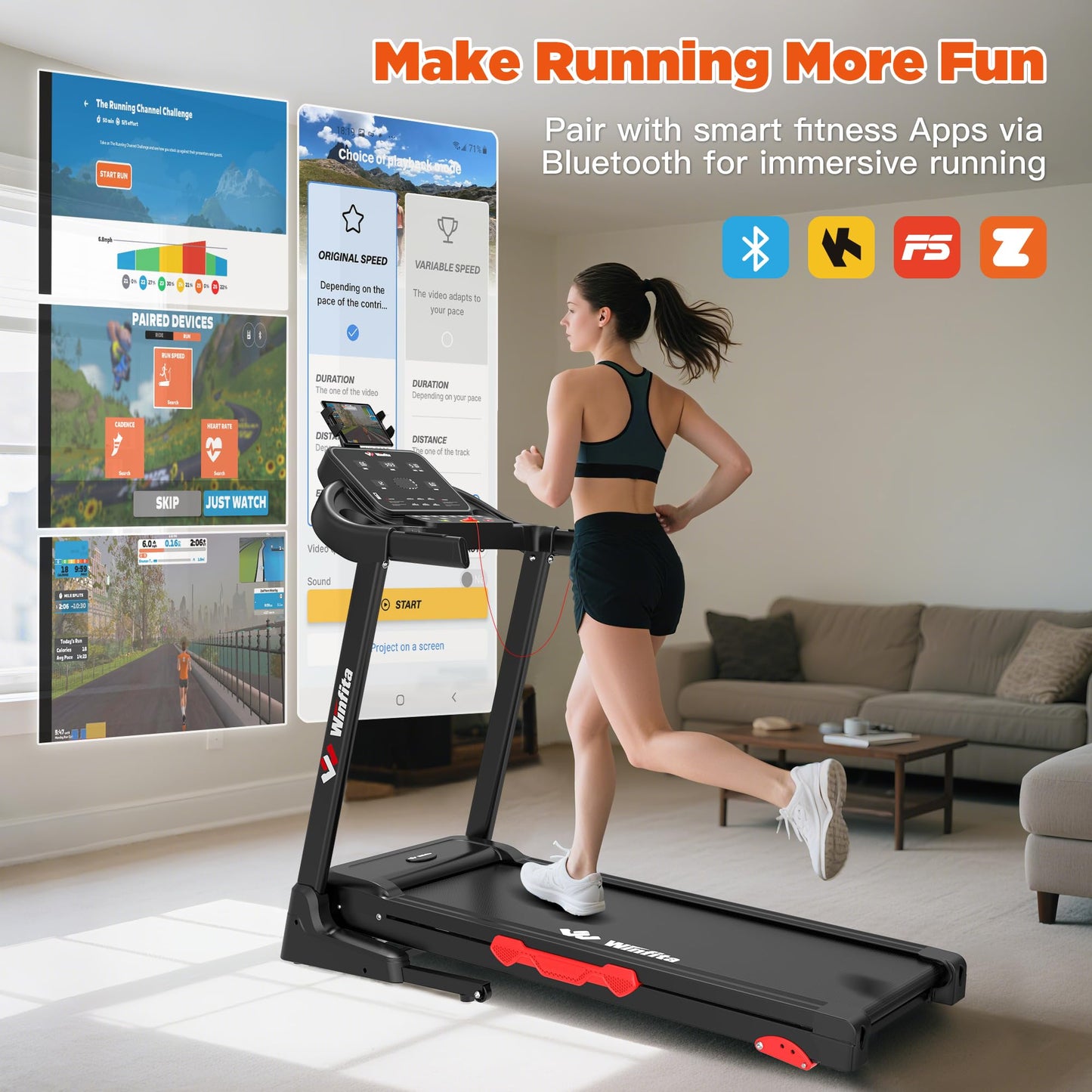 Winfita 3.5HP Folding Treadmills for Home with Incline, 300 lbs Capacity, 8.0 MPH Speed, 17'' Wide Belt, App, 64 Programs, Pause Function, BMI Detector for Home Use