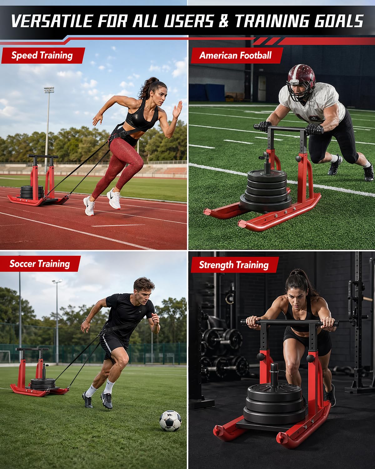 Football Sleds and Chutes, Weight Sled, Workout Fitness Sled for Training- Running Speed, Agility, Soccer, Strength, Adjustable Height Handle, Fits 1" & 2" Weight Plates