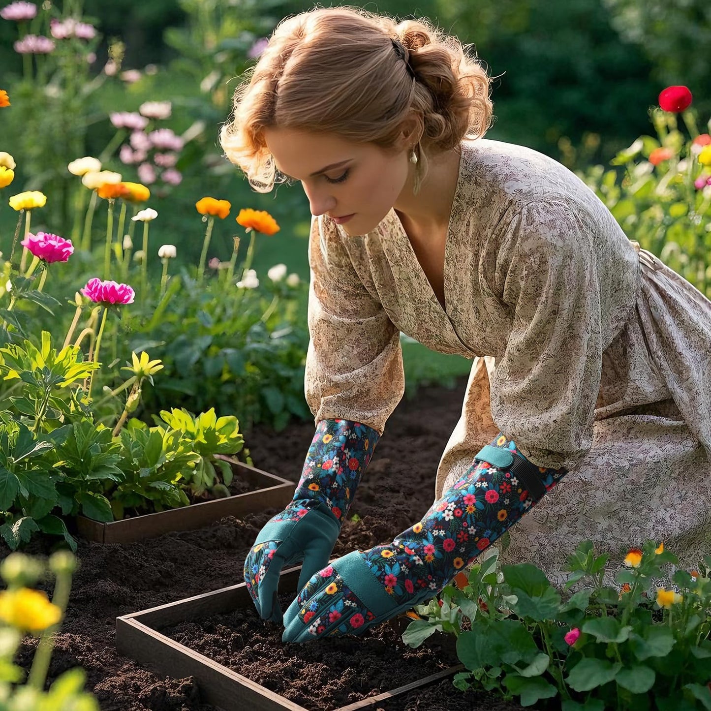Gardening Gloves for Women - Breathable Long Garden Gloves with Grip, Thorn-Proof Puncture-Resistant Leather Work Gloves for Yard and Outdoor Work, Protective Garden Gloves for Women, Green Flower