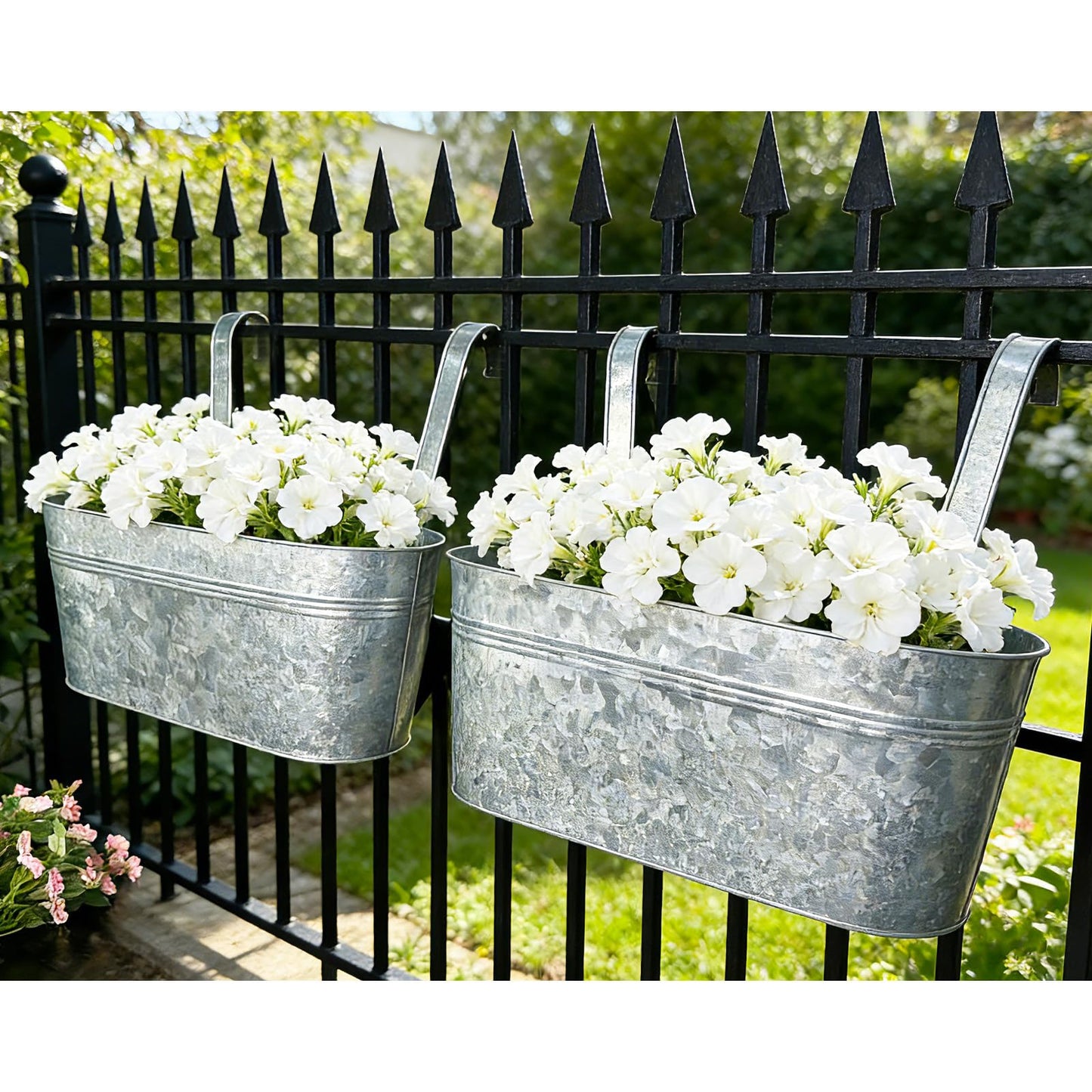 Joyfernal Balcony Galvanized Hanging Planters Railing Flower Pots, Outdoor Metal Fence Planter Pot with Detachable Hooks Drain Hole for Garden Patio Yard Decor (17 Inch, 6Pcs)
