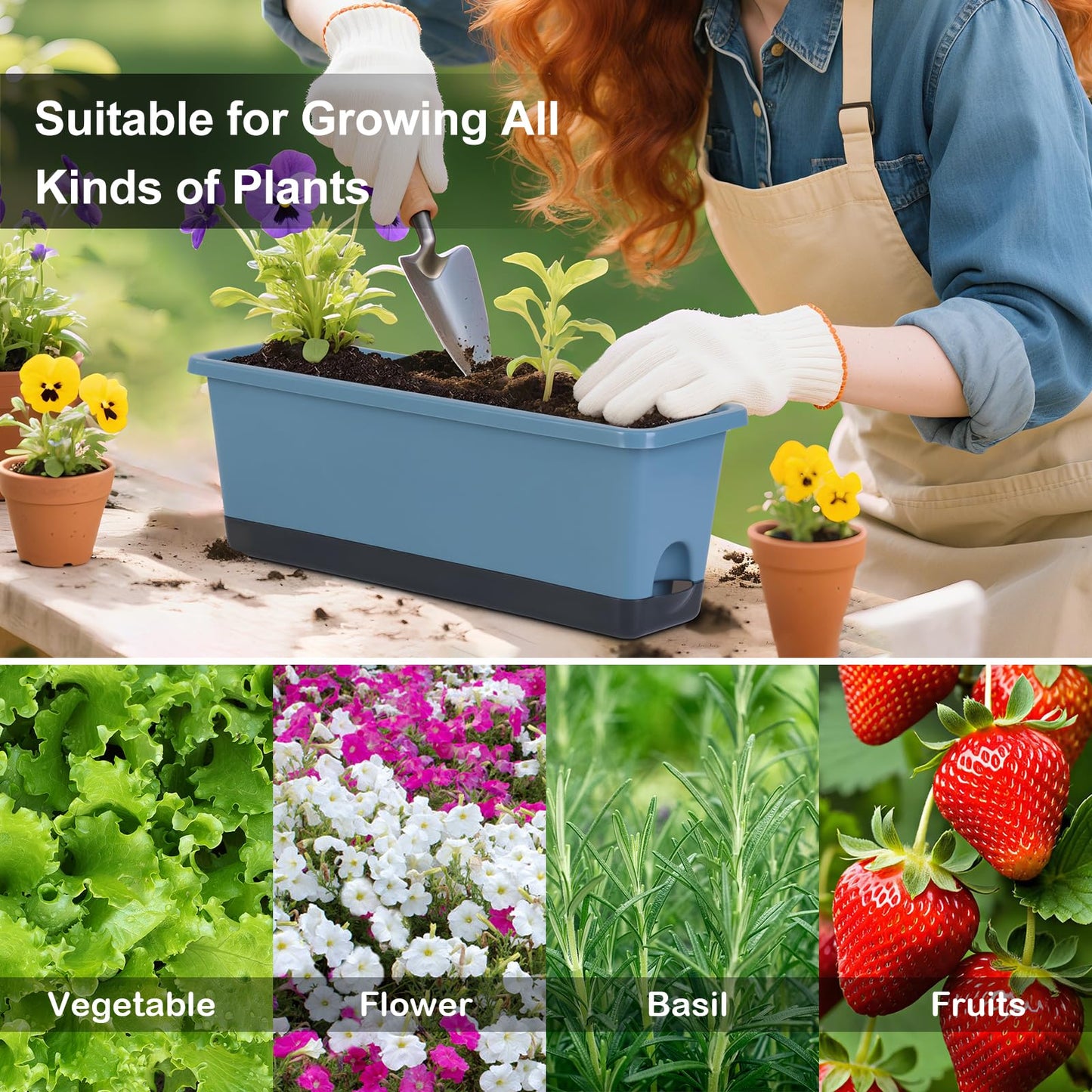 Window Box Planter 4 Packs, 17 Inches Rectangle Flower Pots with Drainage Holes & Trays, Pots for Vegetables, Herbs, Flowers, Garden Windowsill Balcony (Blue, 17 * 5.1 * 6 inch)