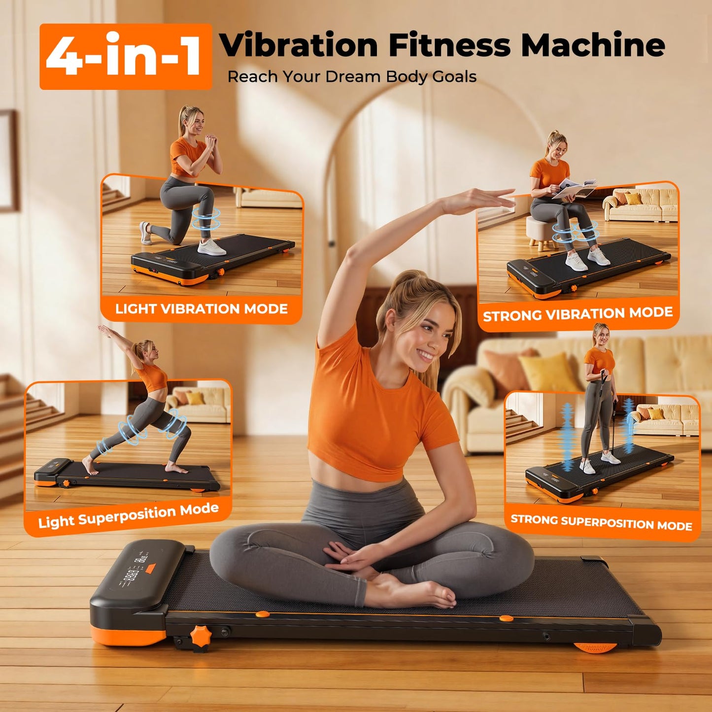 JAGJOG 4 in 1 Walking Pad with Incline, Vibration Plate with Handle Bar, Under Desk Treadmill for Home Small Spaces, Foldable Treadmill with Wristband Remote, LED Display & App（Black）