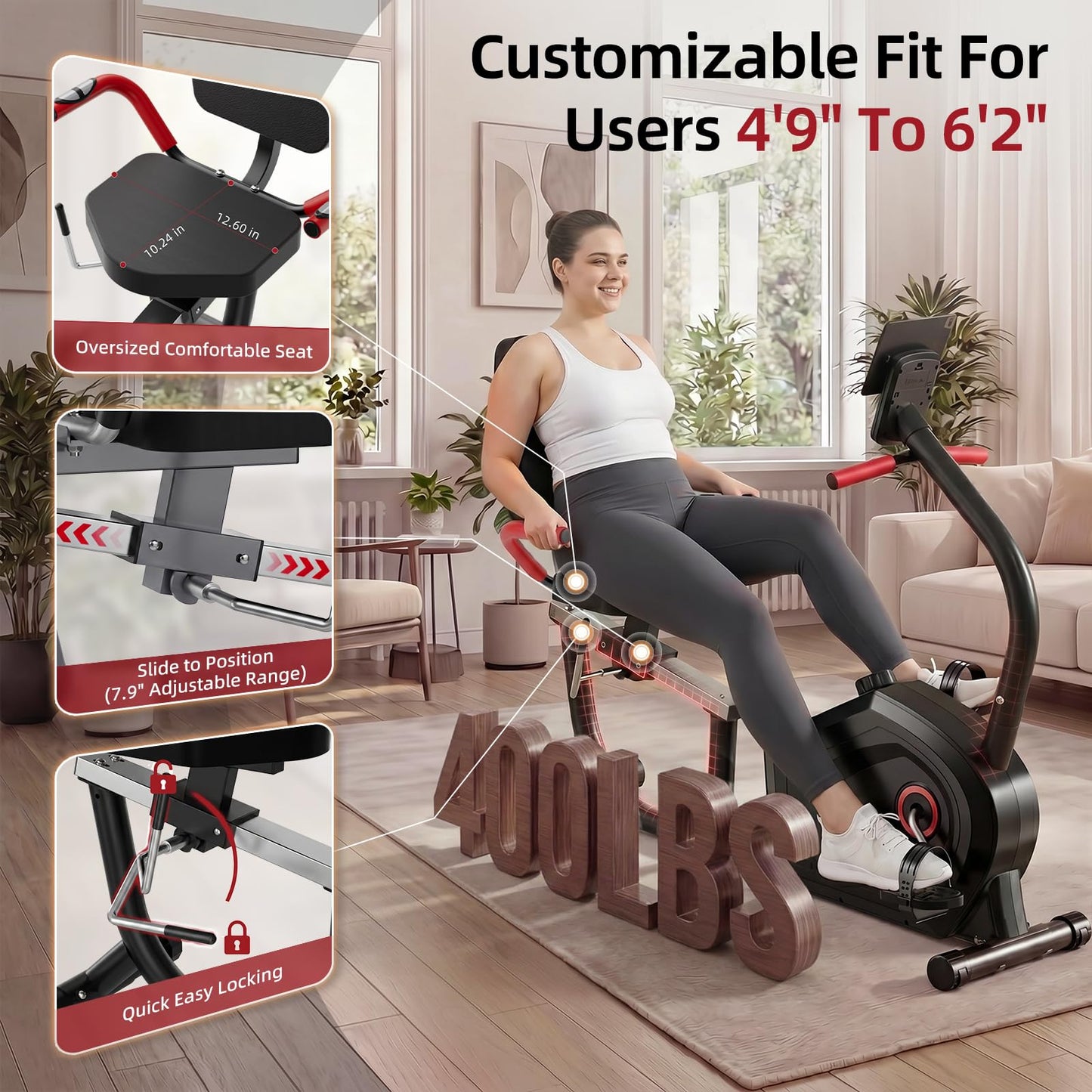Recumbent Exercise Bikes for Home Use, Quiet Magnetic Stationary Bikes for Seniors & Adults, with 16-level Resistance, 400LB Weight Capacity, Adjustable Comfortable Seat, LCD Monitor and Pulse Sensors