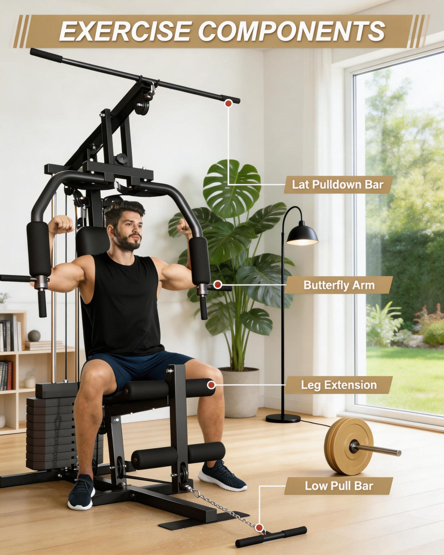 Multifunctional Home Gym Equipment with 100LB Weight Stack, Full Body Workout Machine for LAT Pulldown, Chest Press, Leg Extension & Seated Row, All-in-1 Strength Training Station