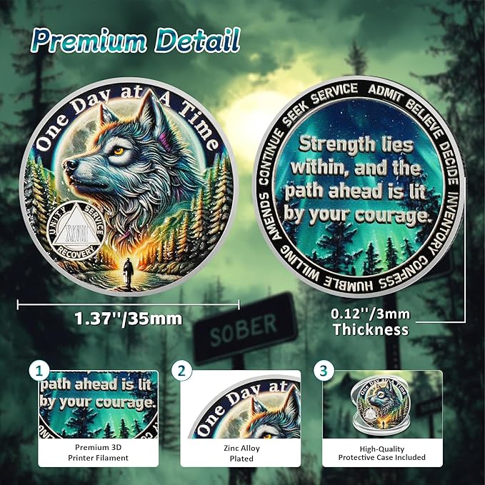 One Day at a Time 28 Year Sobriety Coin - Recovery Aurora Forest Wolf AA Coins - Addiction NA AA Chips and Medallions - Celebrate 1-30 Living Clean Narcotics Alcoholics Anonymous Gifts for Men Women