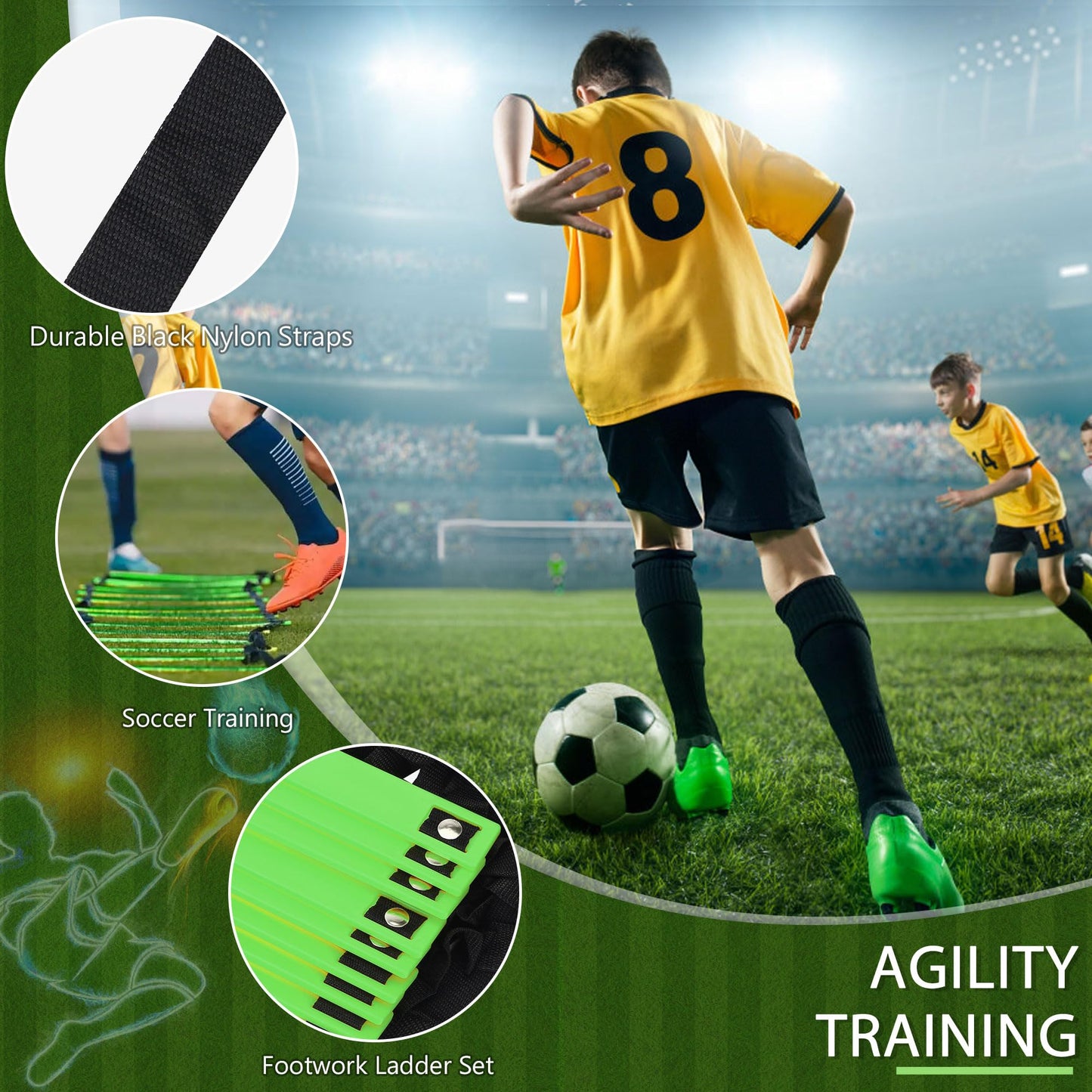 Camkinger Fixed Rung Agility Ladder, 20ft, 12 Rungs No Tangle Speed and Agility-Training Equipment for Soccer Footwork Coaching Ladders with Carrying Bag, Ground Stakes for Adults, Youth Kids, Green