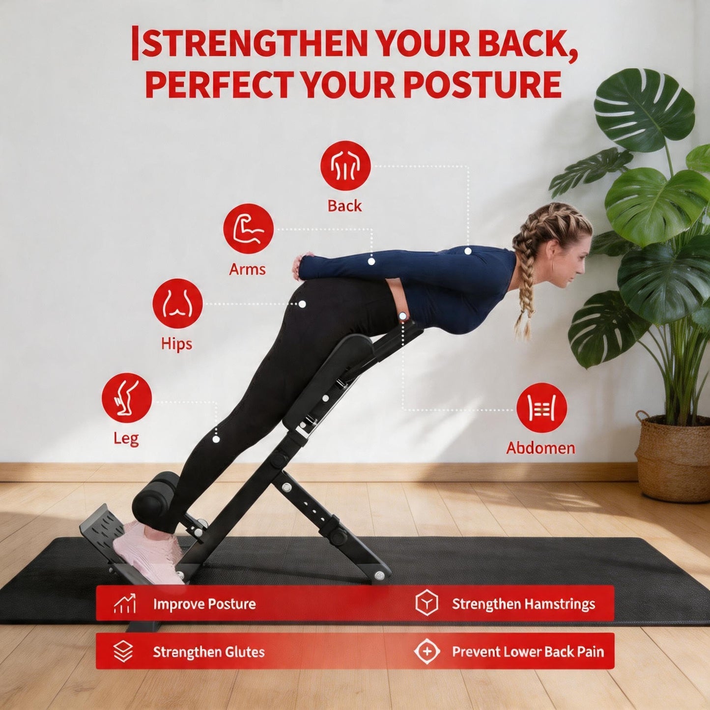 Foldable Roman Chair with Wheels - 6 Height & 5 Angle Adjustable Hyperextension Bench for Glutes and Core - Multi-Function Back Exercise Machine, 300 Lbs Capacity