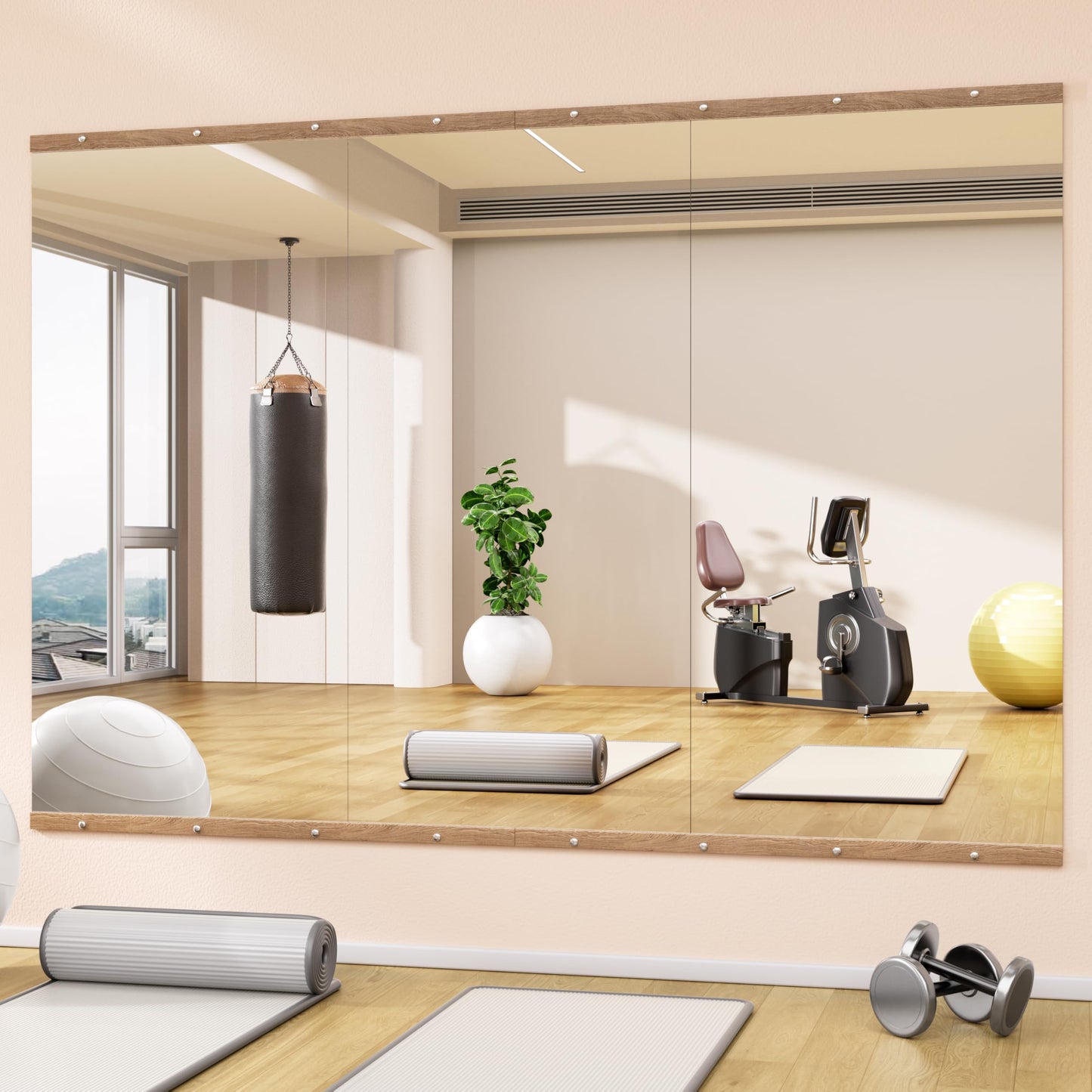Hasipu 3Pcs 48''x24'' Home Gym Mirror Large Full Length Wall Mounted Full Body Mirror for Yoga Dance Fitness Exercise Studio Bedroom Garage, Frameless Tempered Glass Workout Mirrors Walnut Rectangular