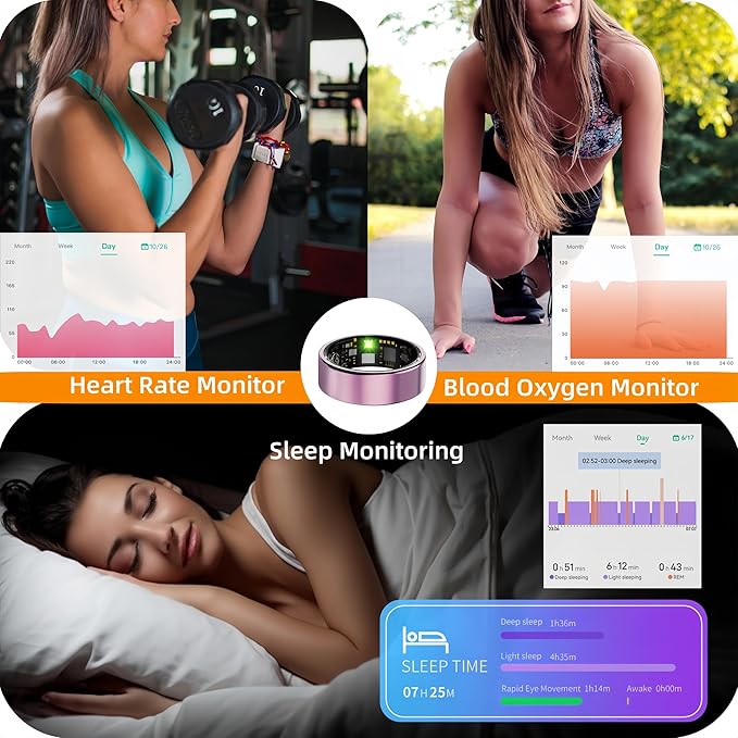 Smart Ring For Women Men, Health Tracker with Heart Rate/Blood Oxygen/Blood Pressure/Sleep Monitoring/Step Counting, IP68 Waterproof Fitness ring, No App Fees for iPhone & Android (Lavender Pink, 9#)