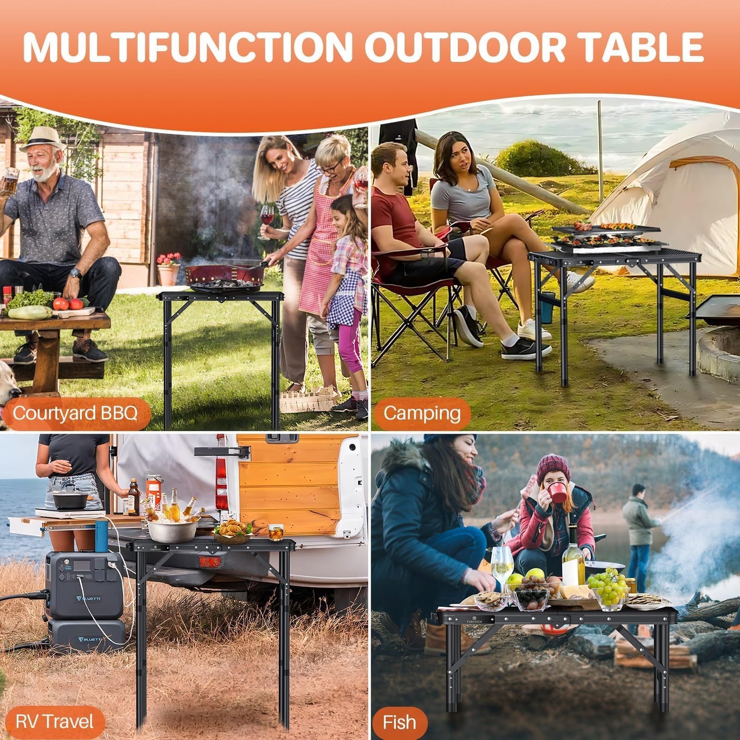 FUNYKICH Folding Grill Table for Outside, 3 Height Adjustable Portable Camping Tables, Lightweight Metal Aluminum Outdoor Table with Portable Handle for Camping, Picnic, BBQ, 23''x16'', Black