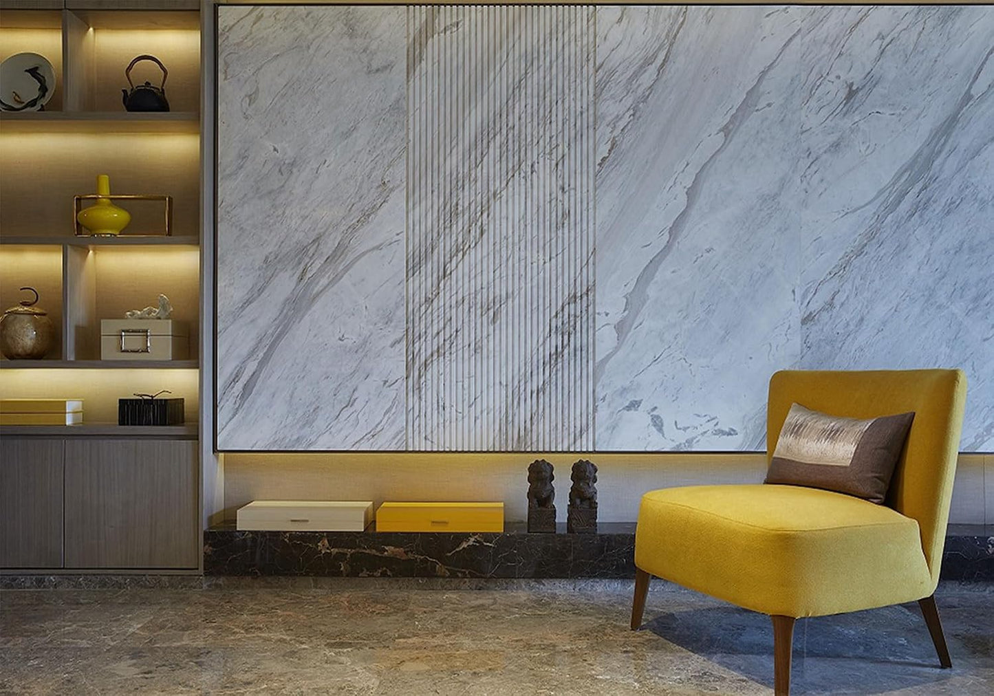 SHDASMIL 5X4ft Luxury Marble Wall Interior Backdrop Yellow Accent Chair Elegant Shelf Background Modern Asian Style