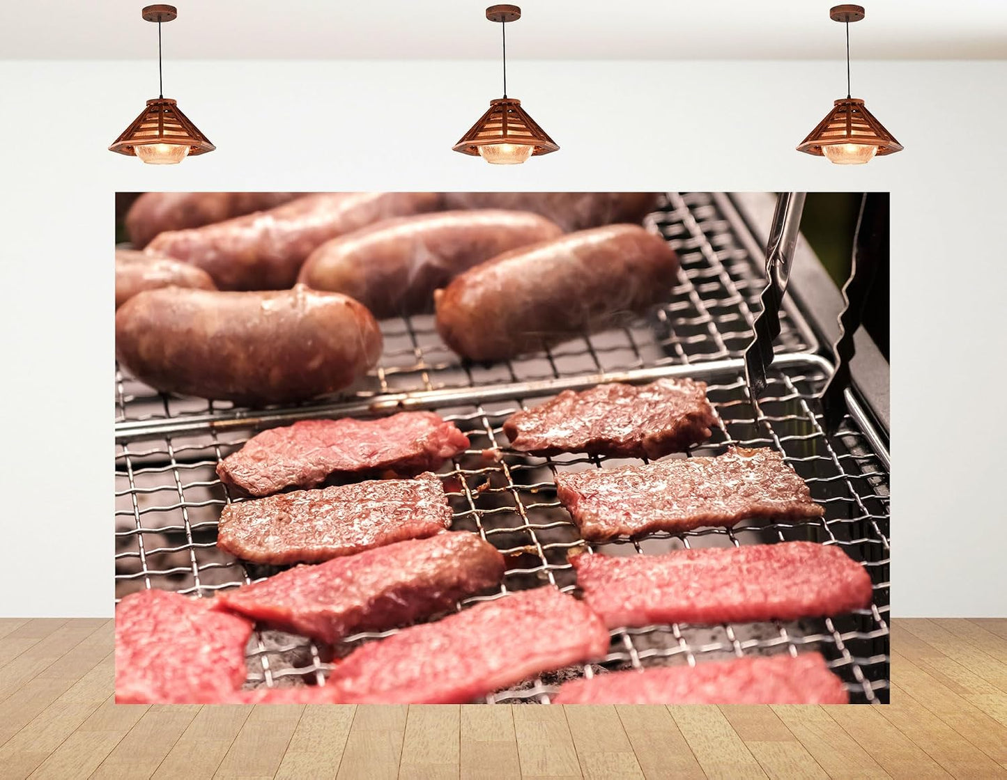 KeyWork 10x10ft Smoky BBQ Meat Assortment Backdrop Sausages Beef Slices Photography Background for Catering Event