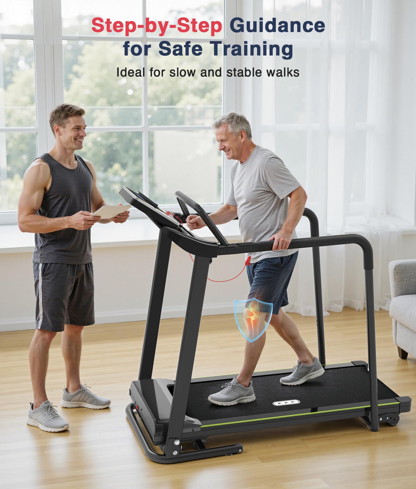Redliro Treadmill for Seniors Slow Walking - 0.3mph Start, Front & Long Handrails - Foldable Recovery Flat Treadmill for Elderly, Auto Lubrication, 3-Level Incline for Home Use