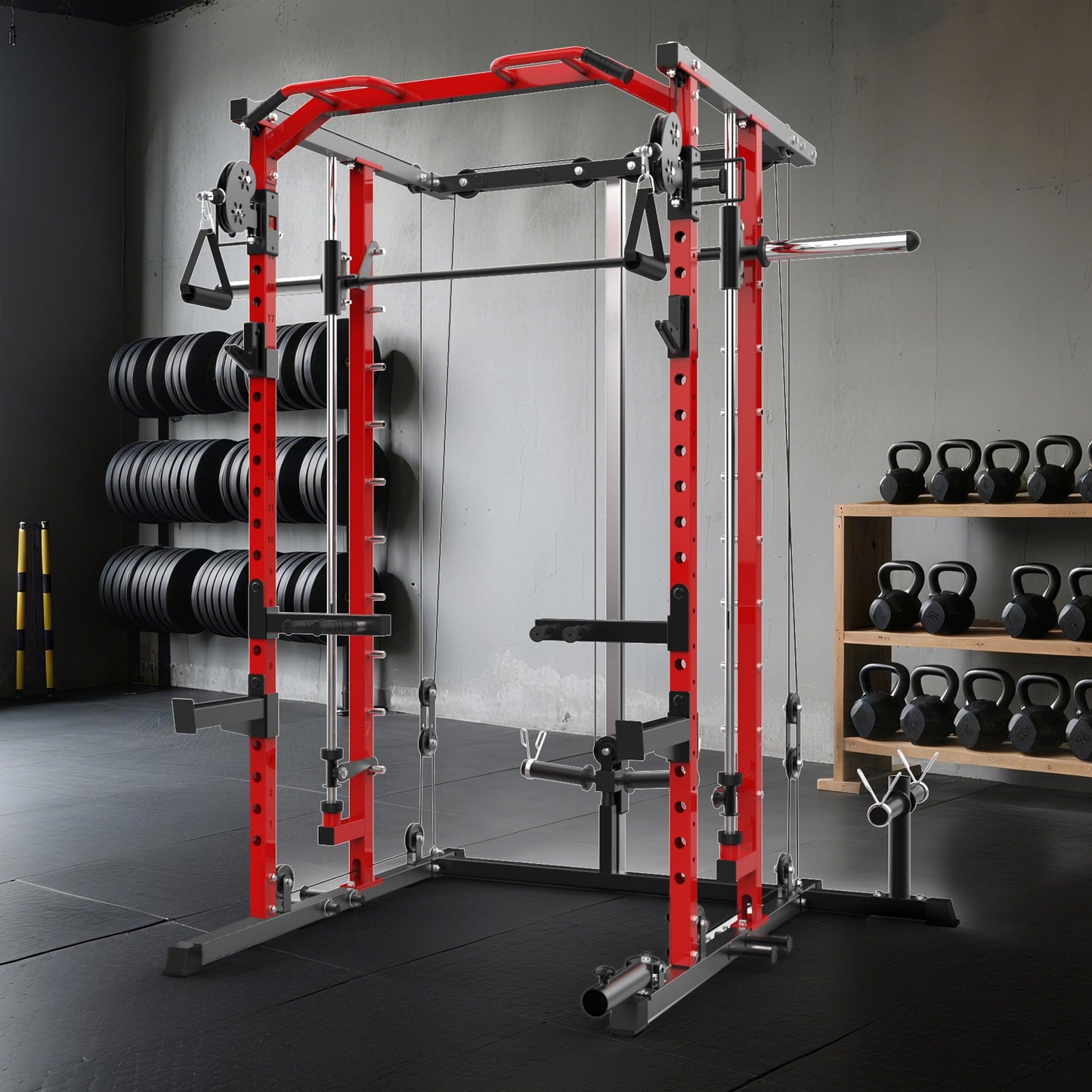 Garvee Power Cage, Smith Machine Squat Rack, Heavy Duty Power Rack for Home Gym with Pulley System, Dip Bar, LAT Pulldown, Multifunctional Squat Rack for Home Gym