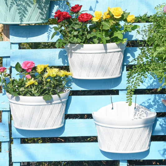 Sungmor Wall Hanging Planters,11.5 Inch Hanging Flower Pots for Railing Fence - Indoor Outdoor Balcony Wall Hanging Basket, Plastic Plant Pot Container - Half Round & 3PC Pack & Grey White