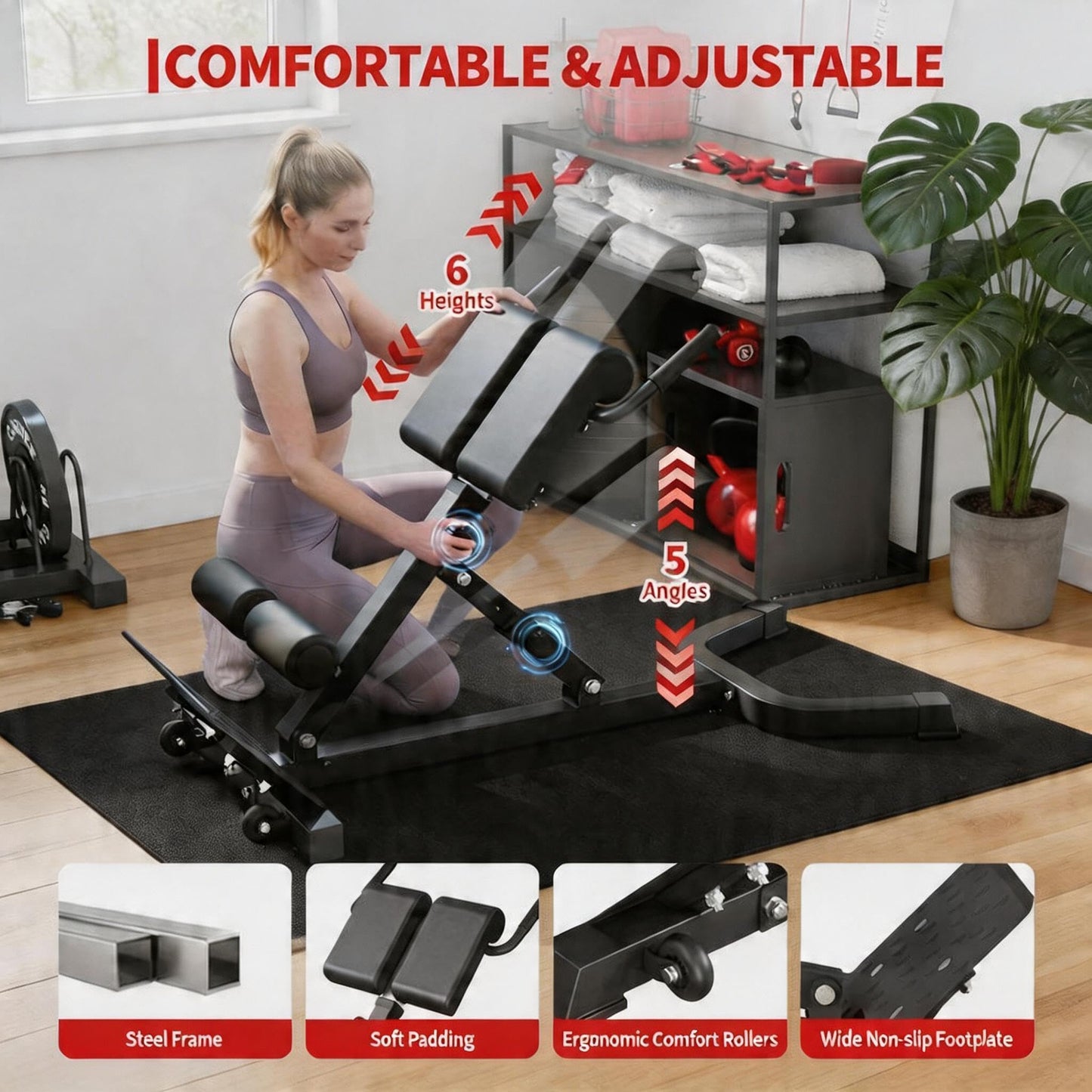 Foldable Roman Chair with Wheels - 6 Height & 5 Angle Adjustable Hyperextension Bench for Glutes and Core - Multi-Function Back Exercise Machine, 300 Lbs Capacity