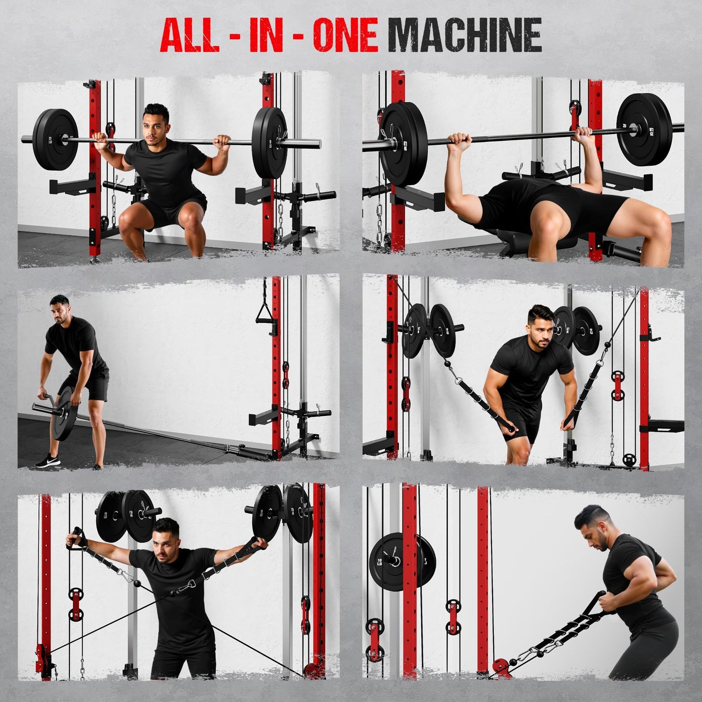 GOIMU WM3-V4 Folding Squat Rack, Wall Mounted Power Rack with Dual Independent Pulley System, Functional Trainer with 5 Adjustable Function Modes for Space Saving (WM3 Folding Cage Red)