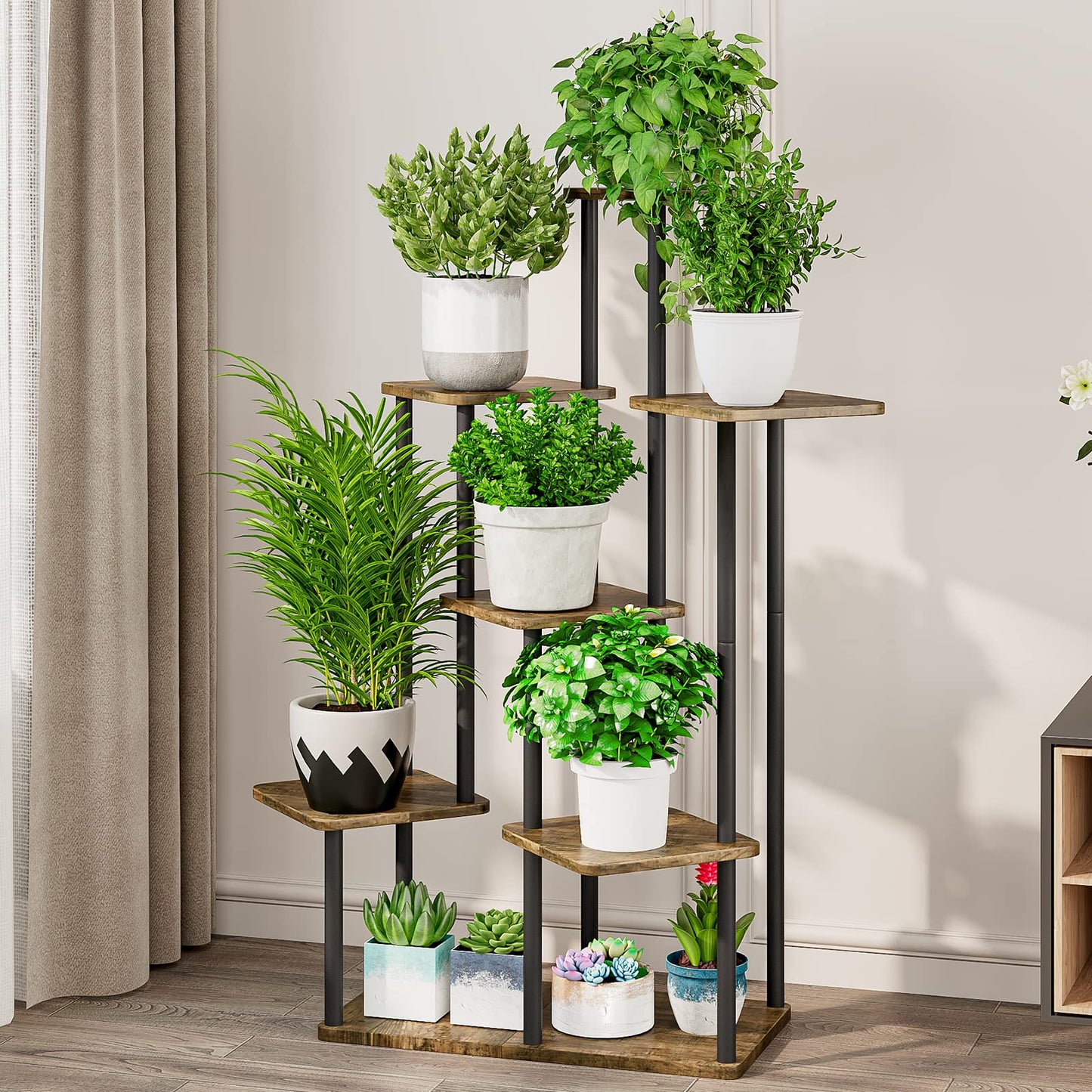 AZERPIAN Plant Stand 7 Tier Indoor Metal Flower Shelf for Multiple Plants Corner Tall Flower Holders for Patio Garden Living Room Balcony Bedroom, Black (7 Tier-Black)